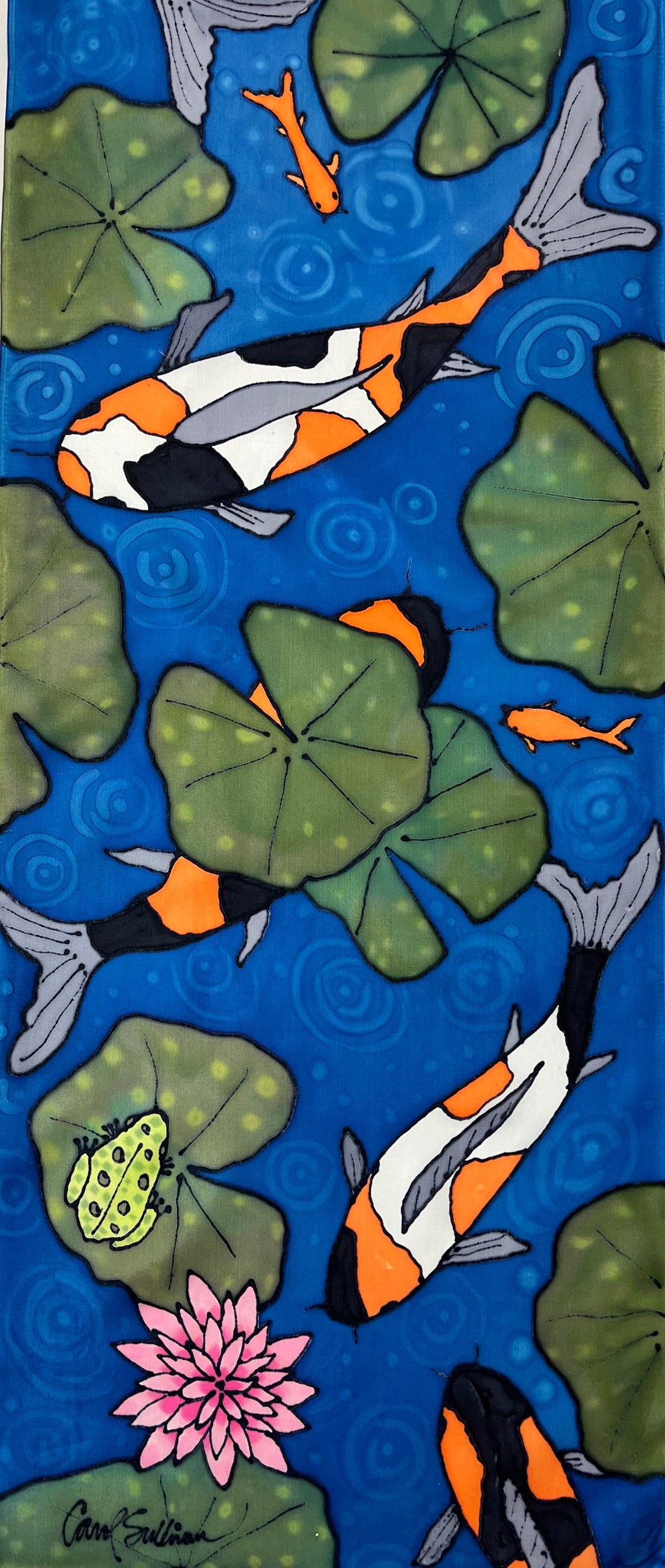 Hand-dyed Silk Wall Hanging  - Koi in Rainy Pond