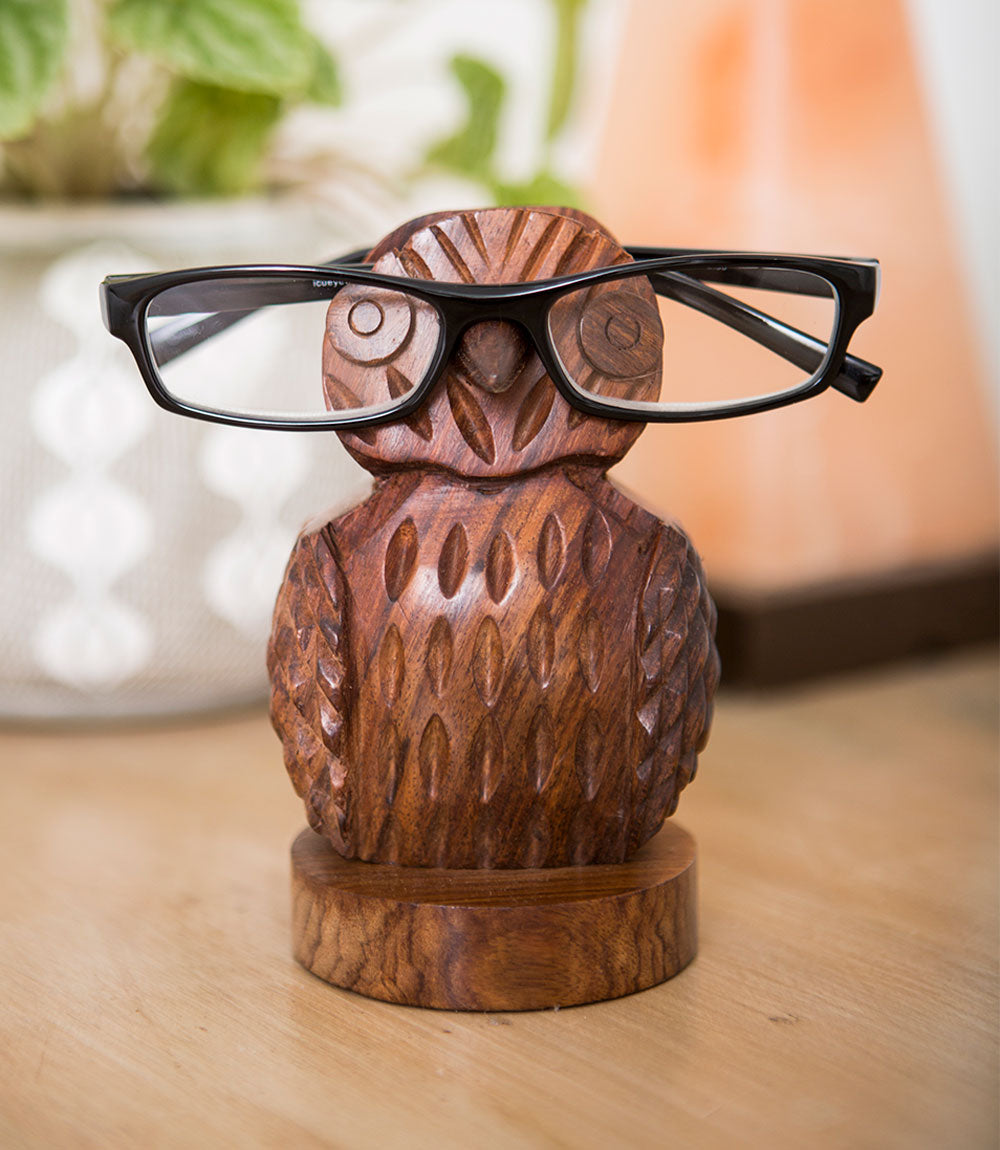 Hand-Carved Owl Eyeglass Holder Stand