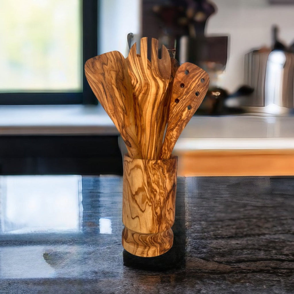 Olive Wood Kitchen Servers Set with Holder (6 Pcs)