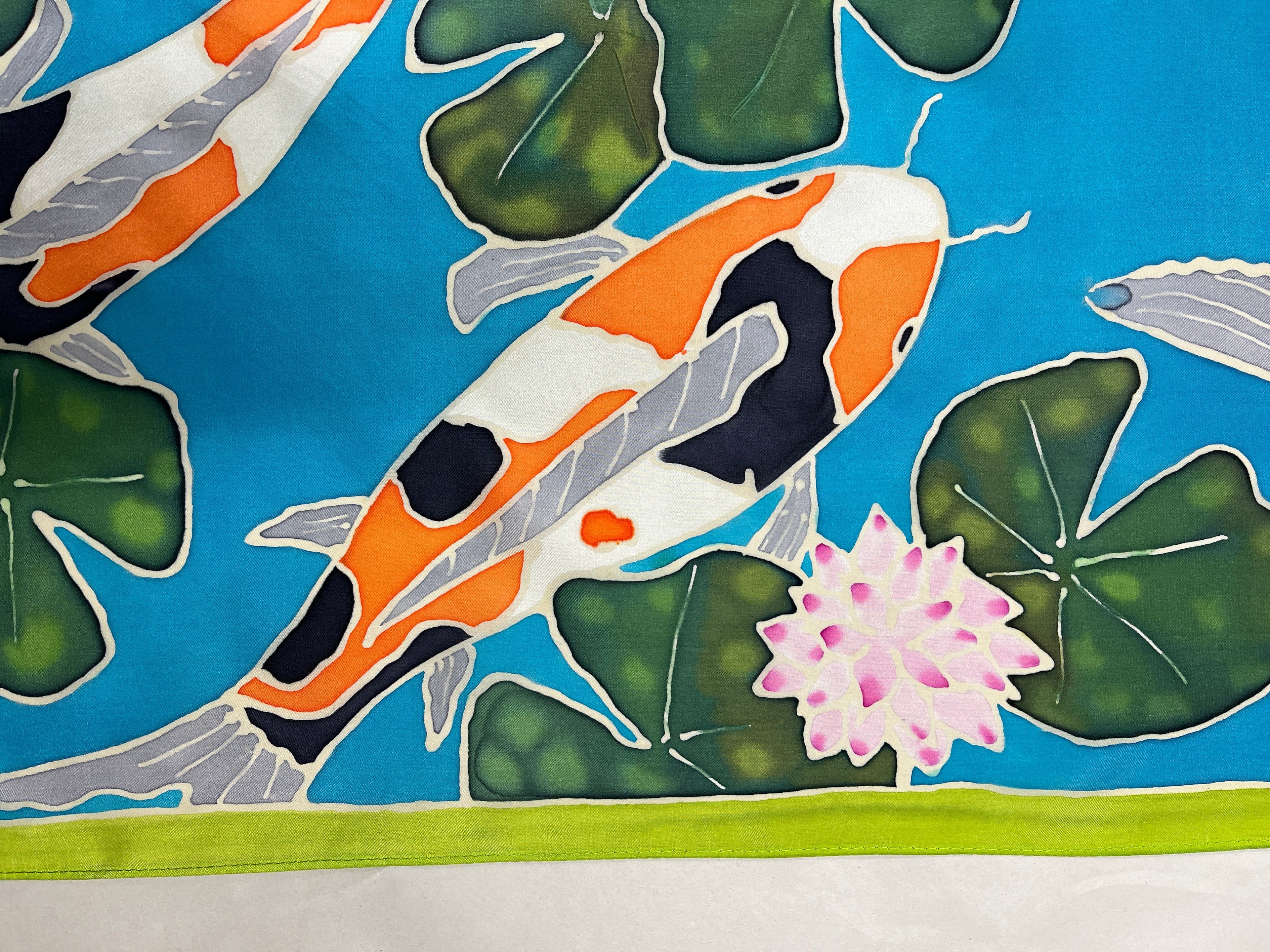 Hand-Dyed Silk Wall Hanging  - Aqua Pond Koi
