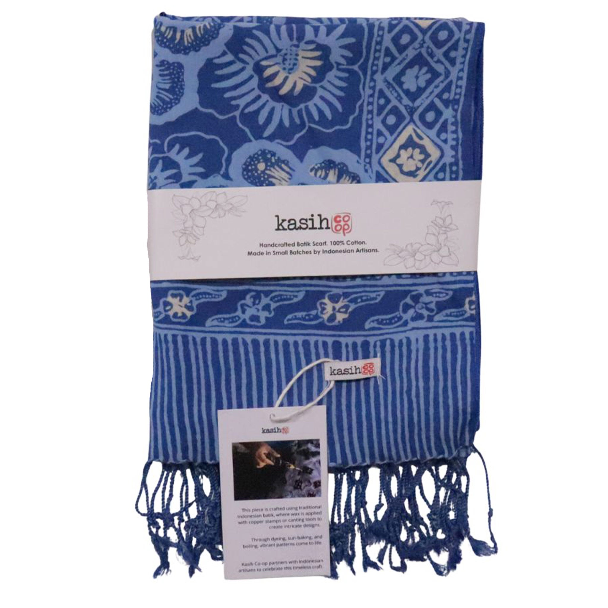 Hand Dyed Batik Scarf - Blue Roses, White & Floral Flower