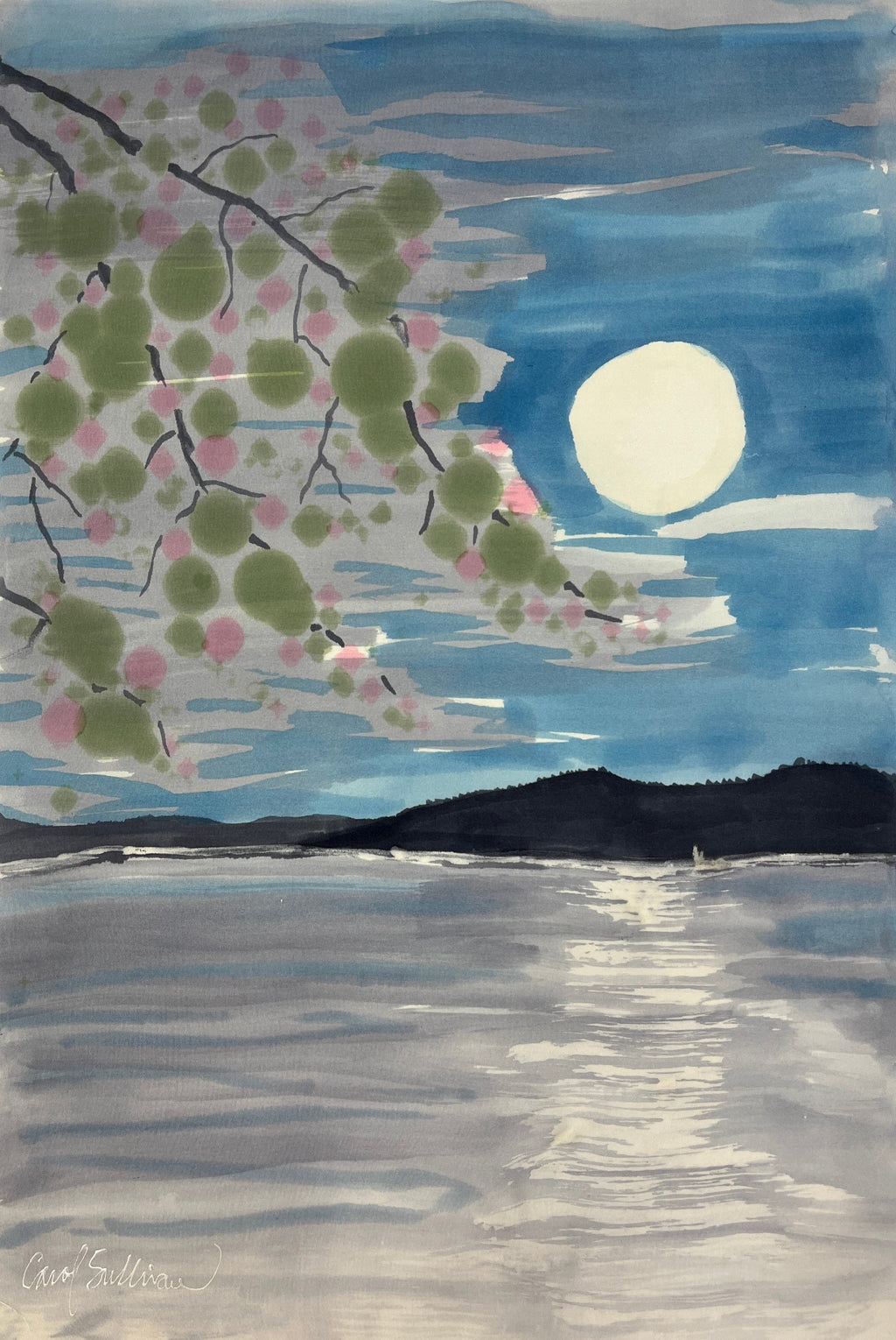 Hand-Dyed Silk Wall Hanging  - Cherry Blossom Moon