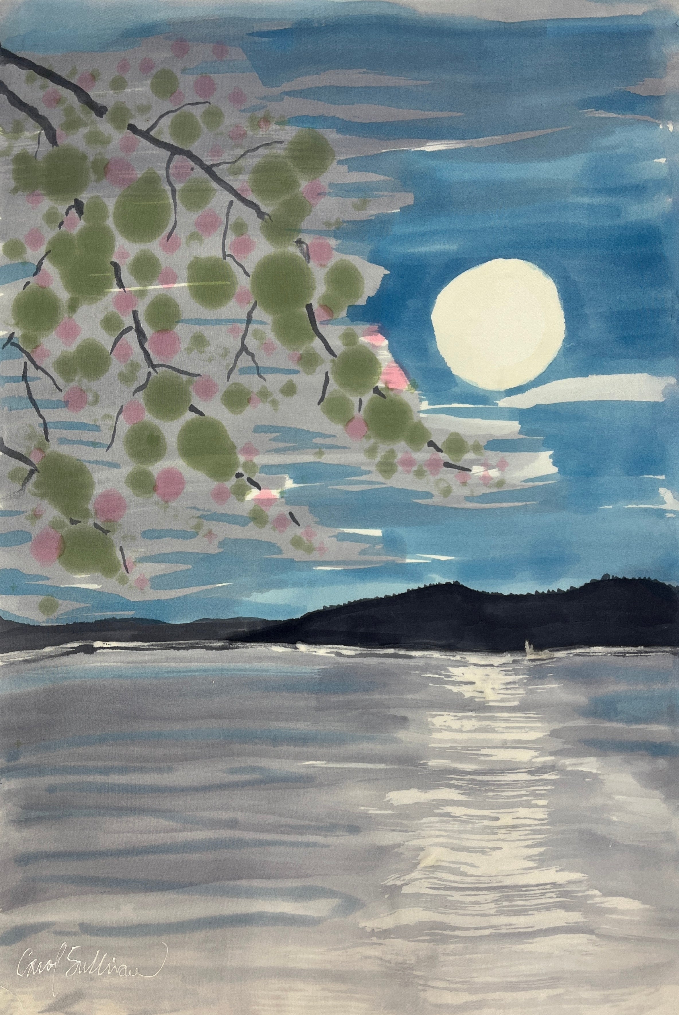 Hand-Dyed Silk Wall Hanging  - Cherry Blossom Moon