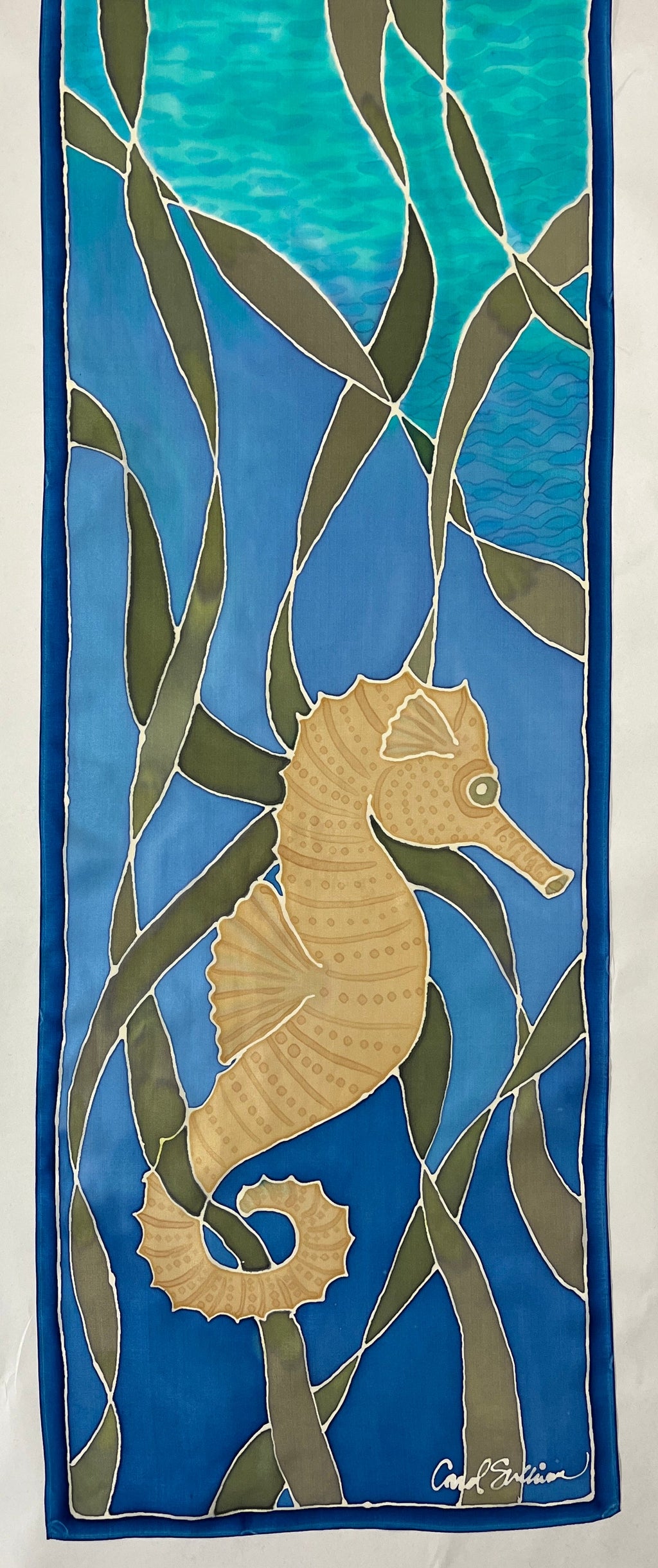 Hand-Dyed Silk Wall Hanging  - Seahorse Riding the Kelp