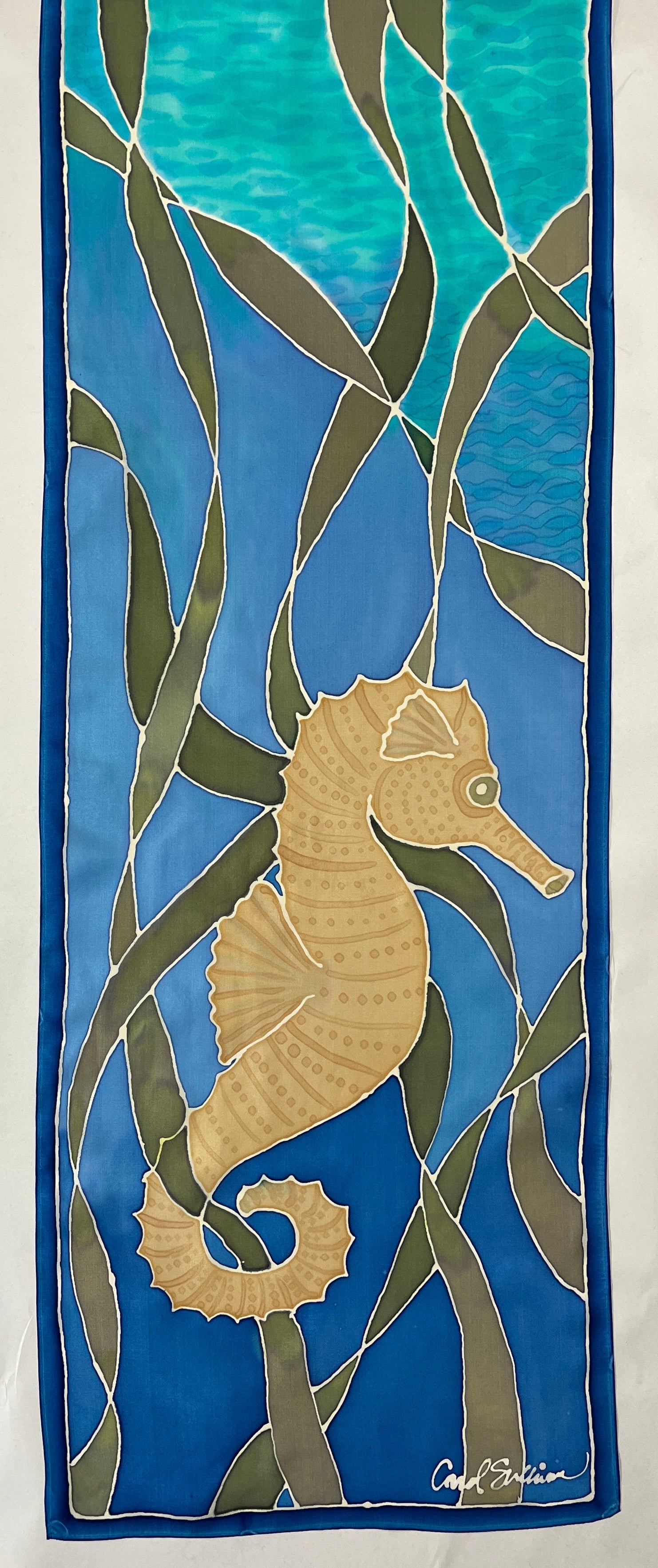 Hand-Dyed Silk Wall Hanging  - Seahorse Riding the Kelp