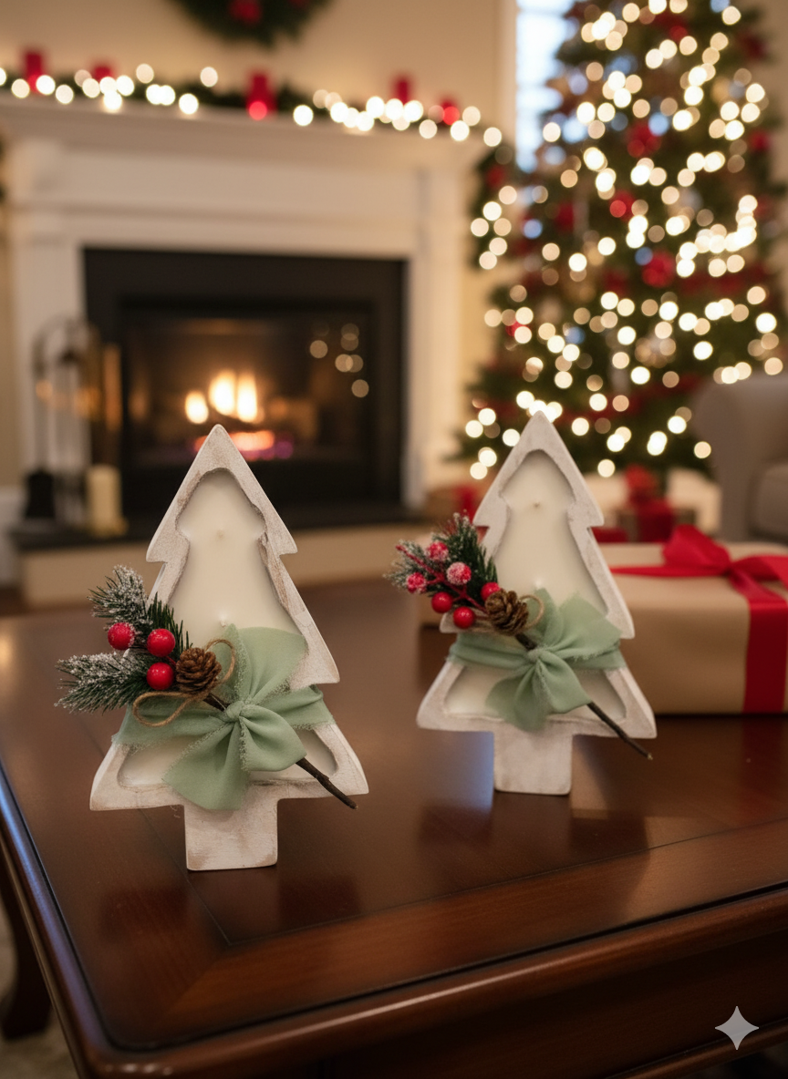 Christmas Tree Candle in a Wood Bowl