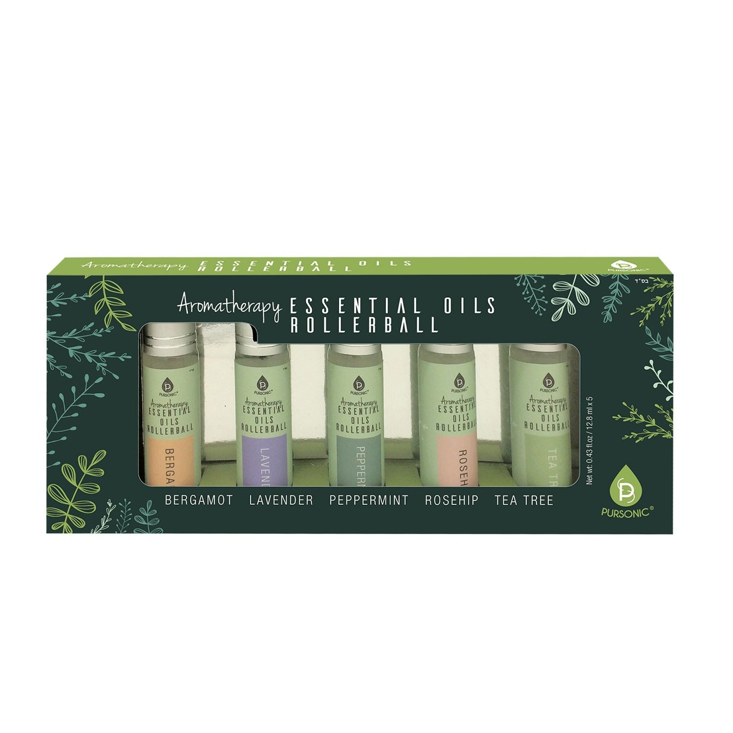 Aromatherapy Essential Oils Rollerballs: Bergamot, Lavender, Peppermint, Rosehip & Tea Tree (Set of 5)