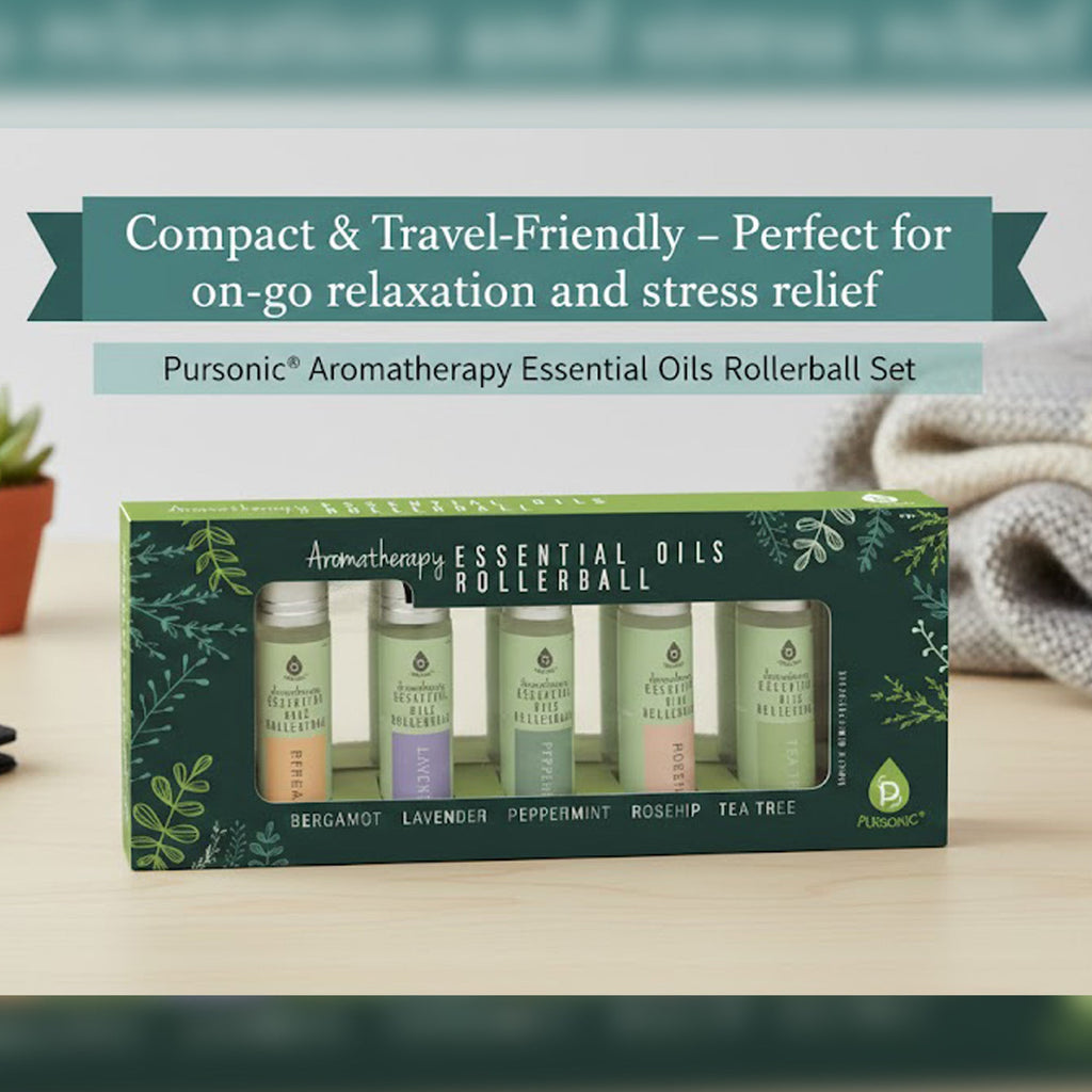 Aromatherapy Essential Oils Rollerballs: Bergamot, Lavender, Peppermint, Rosehip & Tea Tree (Set of 5)