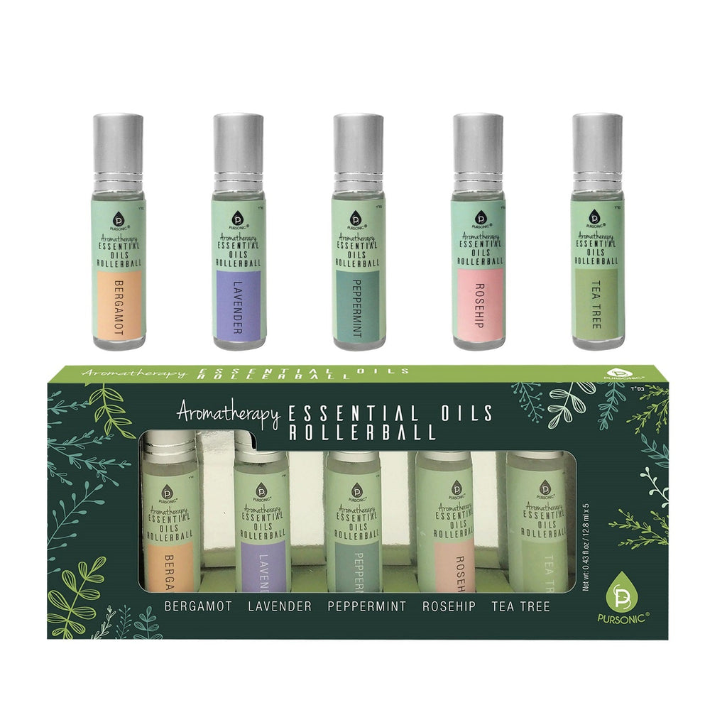 Aromatherapy Essential Oils Rollerballs: Bergamot, Lavender, Peppermint, Rosehip & Tea Tree (Set of 5)
