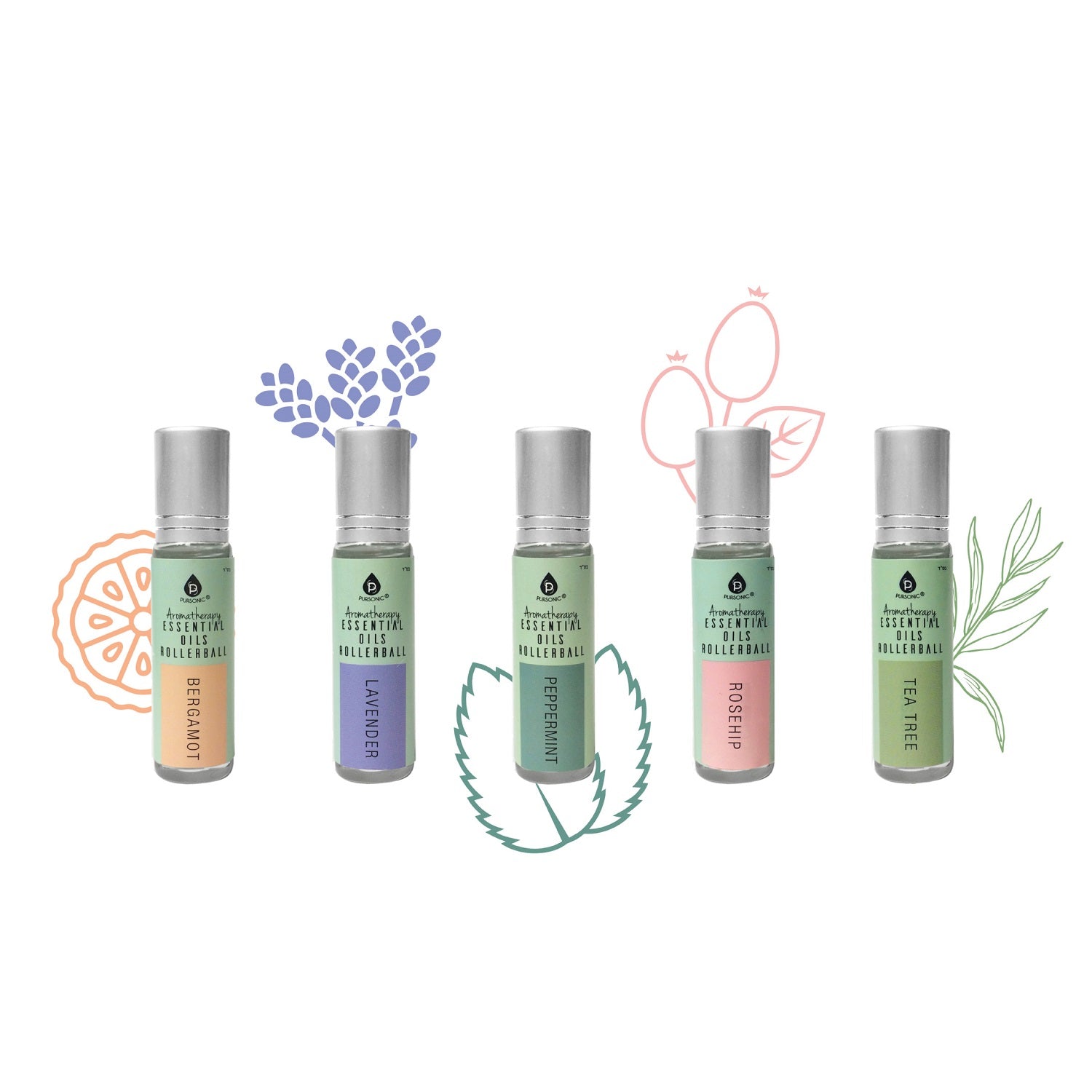 Aromatherapy Essential Oils Rollerballs: Bergamot, Lavender, Peppermint, Rosehip & Tea Tree (Set of 5)