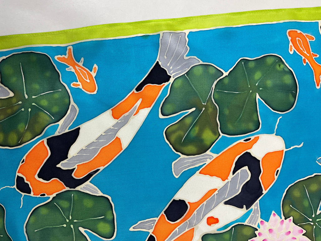Hand-Dyed Silk Wall Hanging  - Aqua Pond Koi