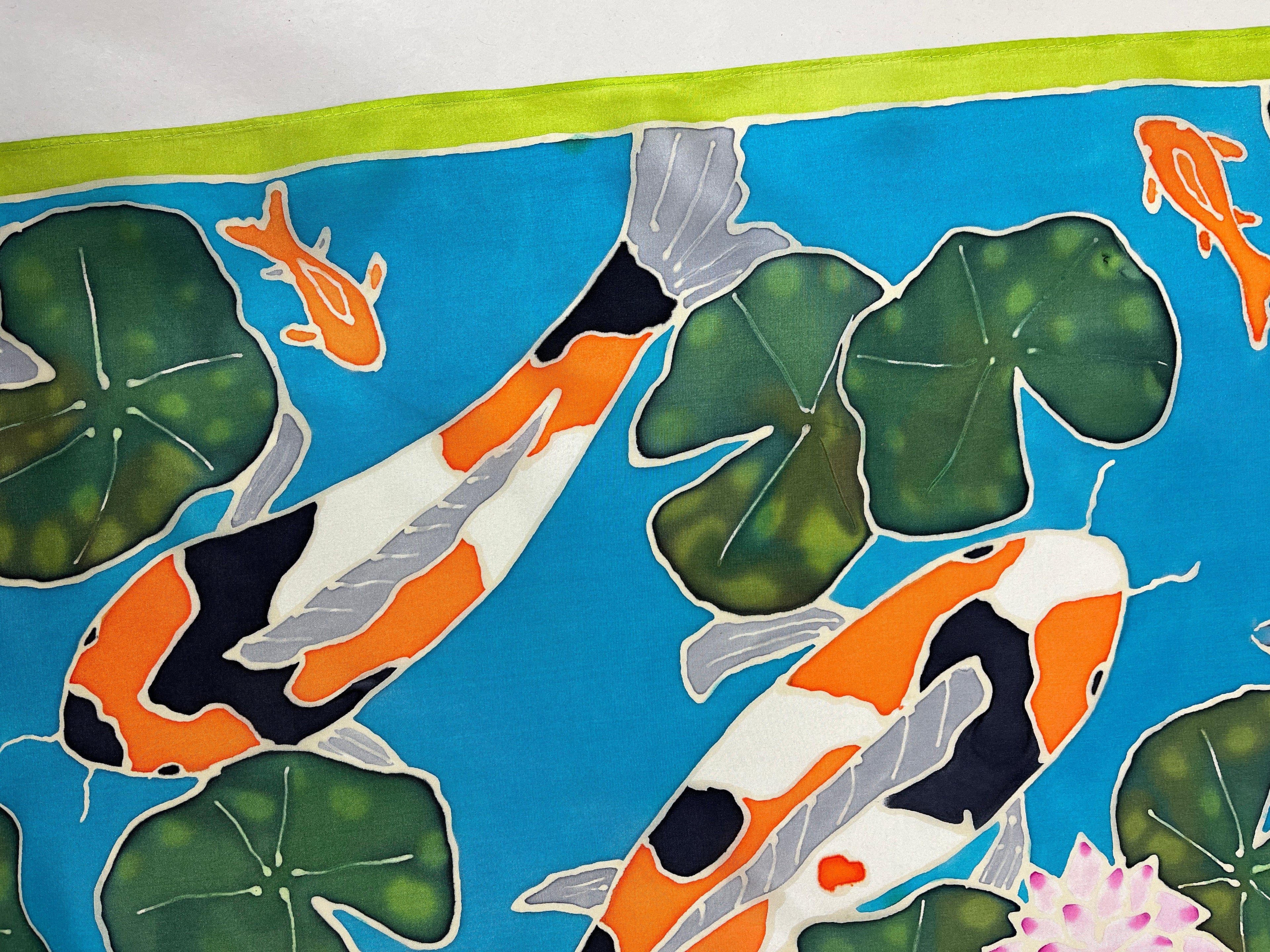 Hand-Dyed Silk Wall Hanging  - Aqua Pond Koi