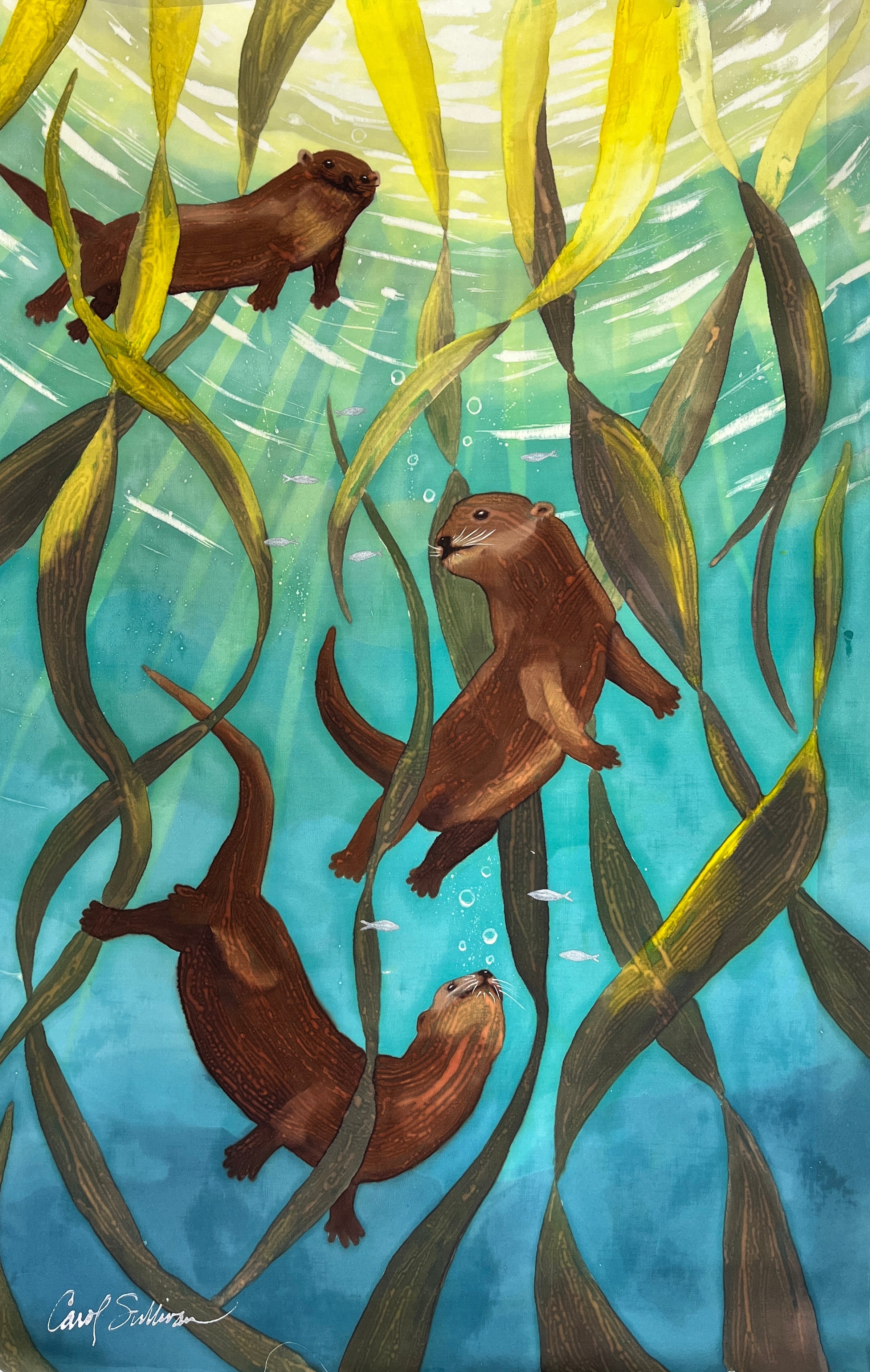 Hand-Dyed Silk Wall Hanging  - Otters Playing in Kelp