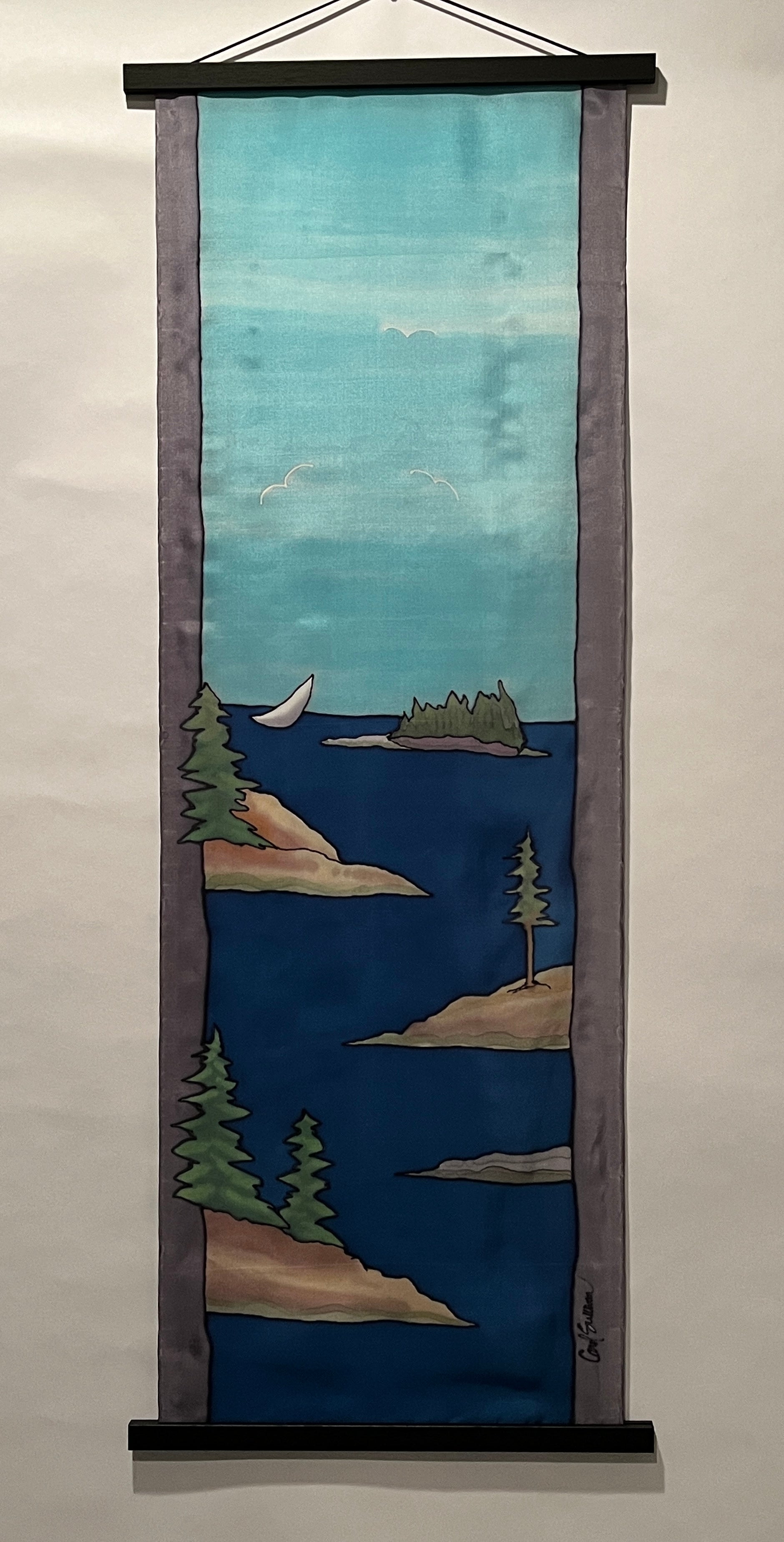 Hand-Dyed Silk Wall Hanging - Maine Coastal Scene (v2)