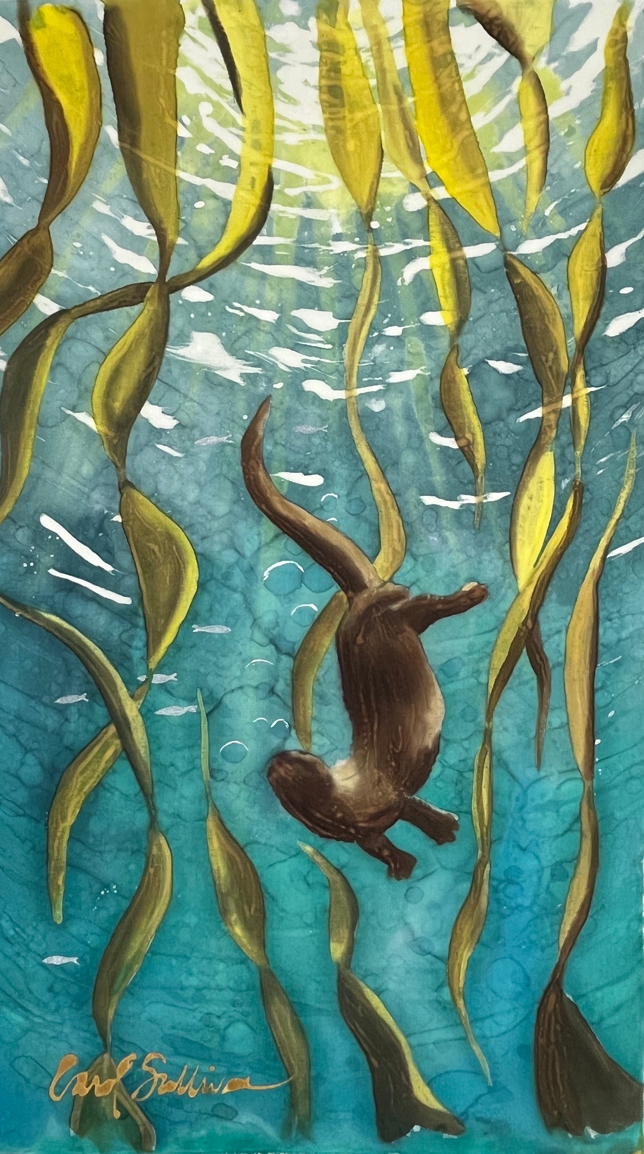 Hand-Dyed Silk Wall Hanging  - Otter Frolic