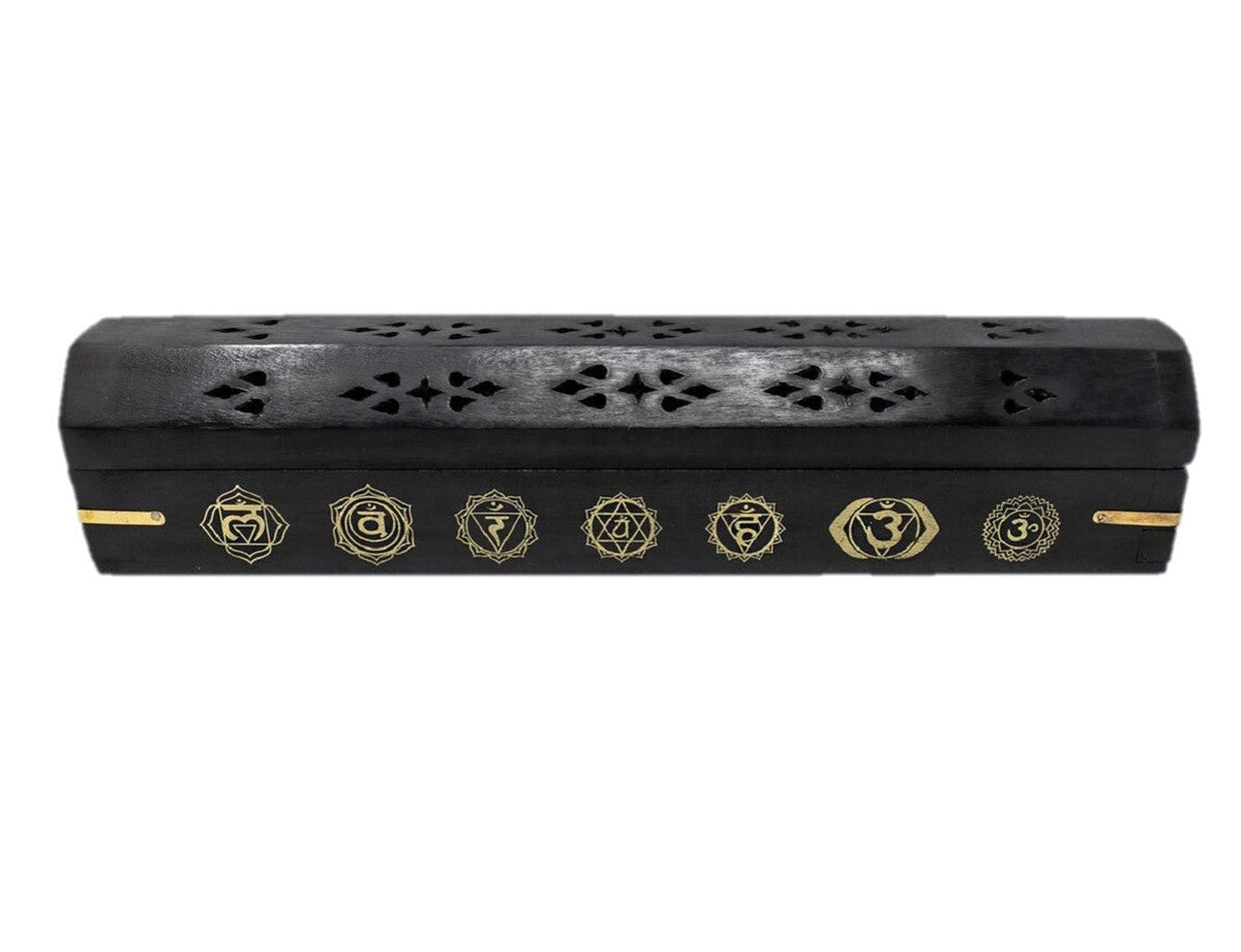 Incense Burner Wooden Box ~ Chakra Design Ash Catcher with Storage