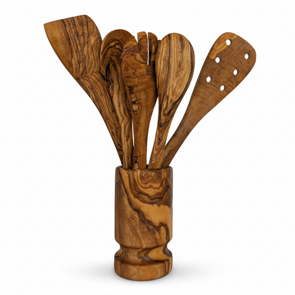 Olive Wood Kitchen Servers Set with Holder (6 Pcs)