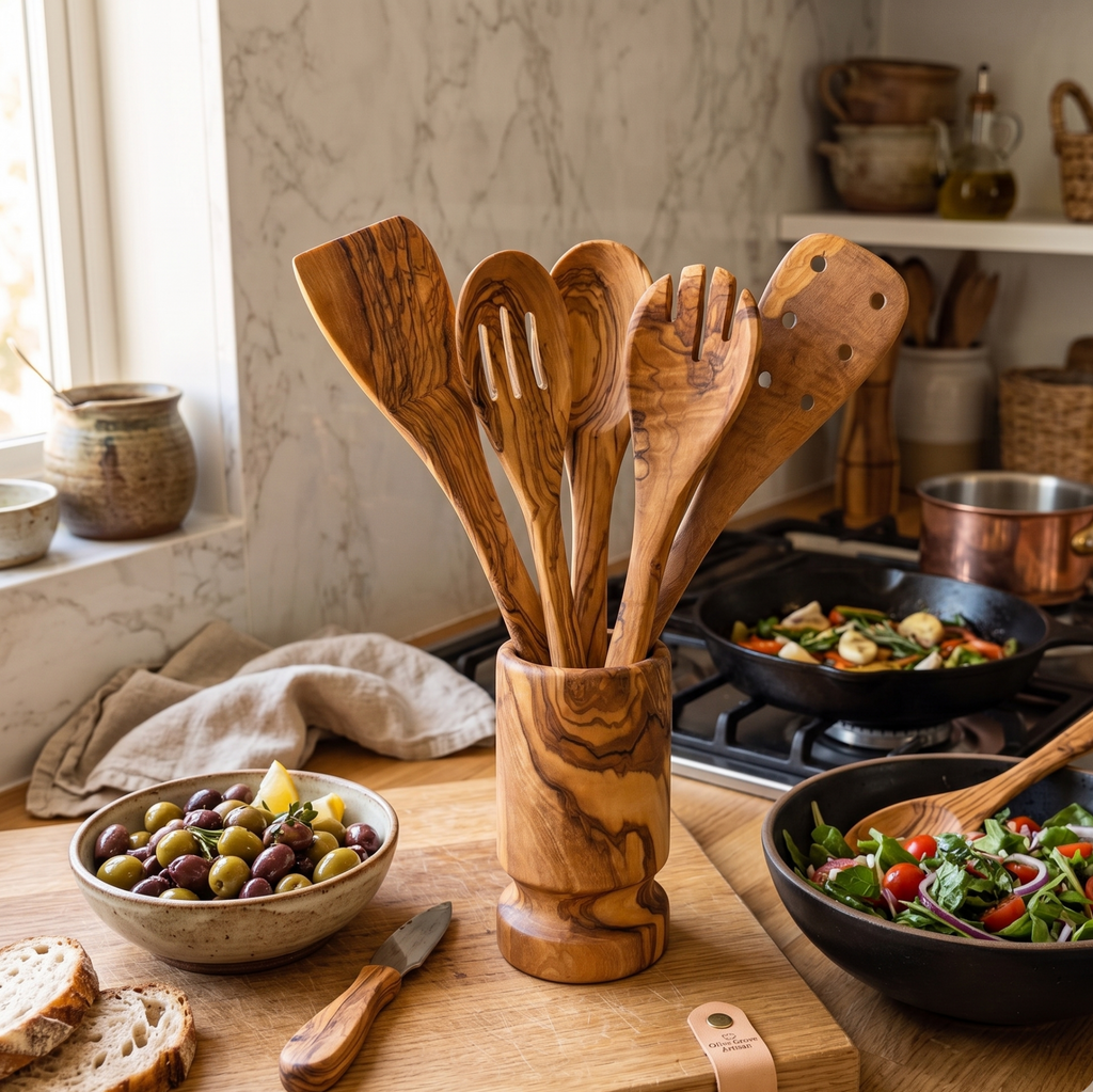 Olive Wood Kitchen Servers Set with Holder (6 Pcs)