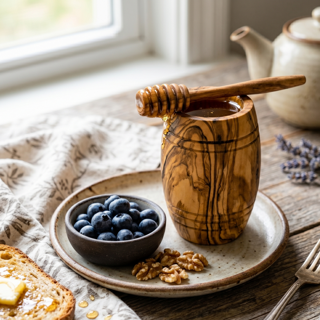 Olive Wood Honey Pot with Honey Dipper
