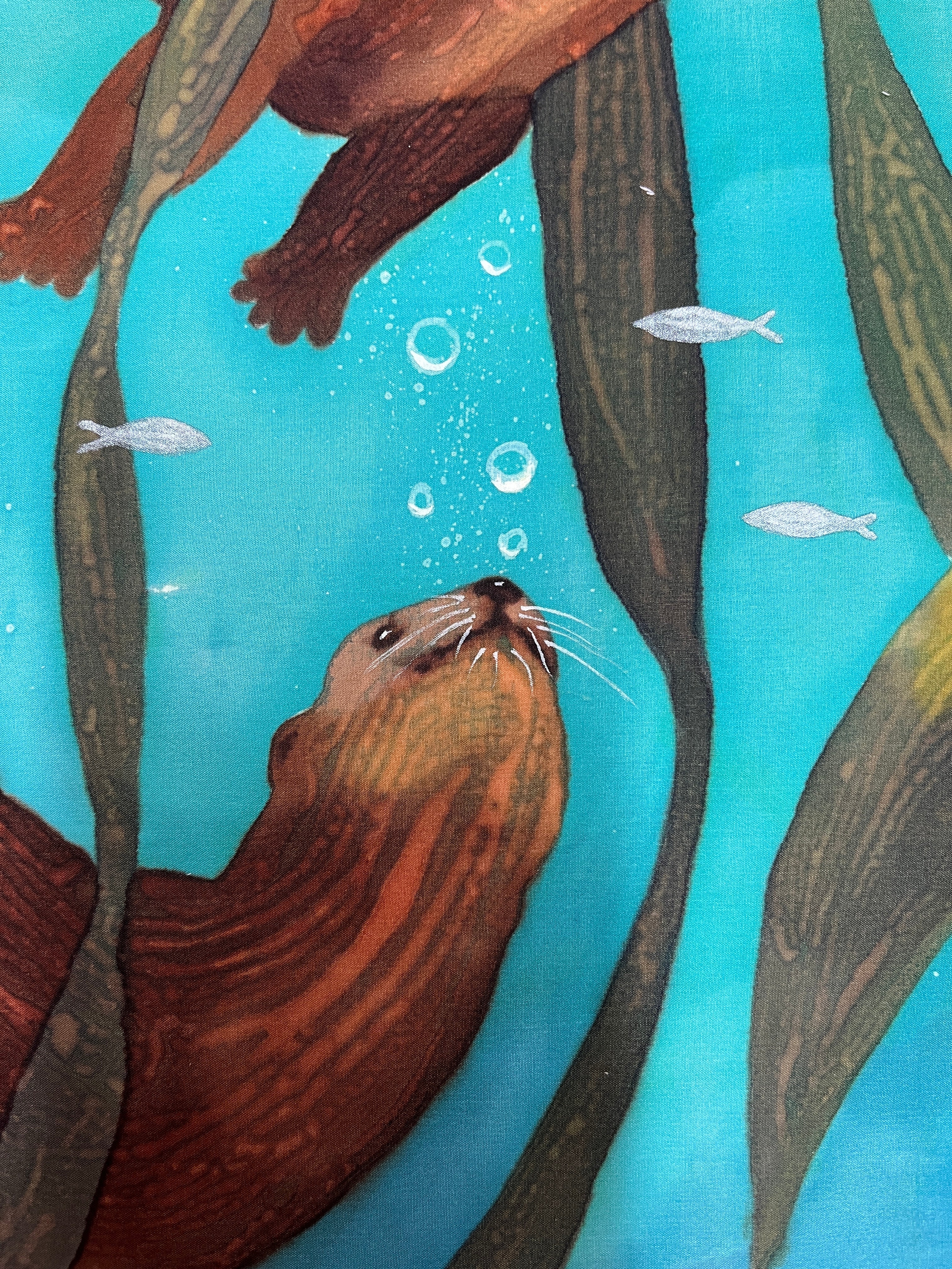 Hand-Dyed Silk Wall Hanging  - Otters Playing in Kelp