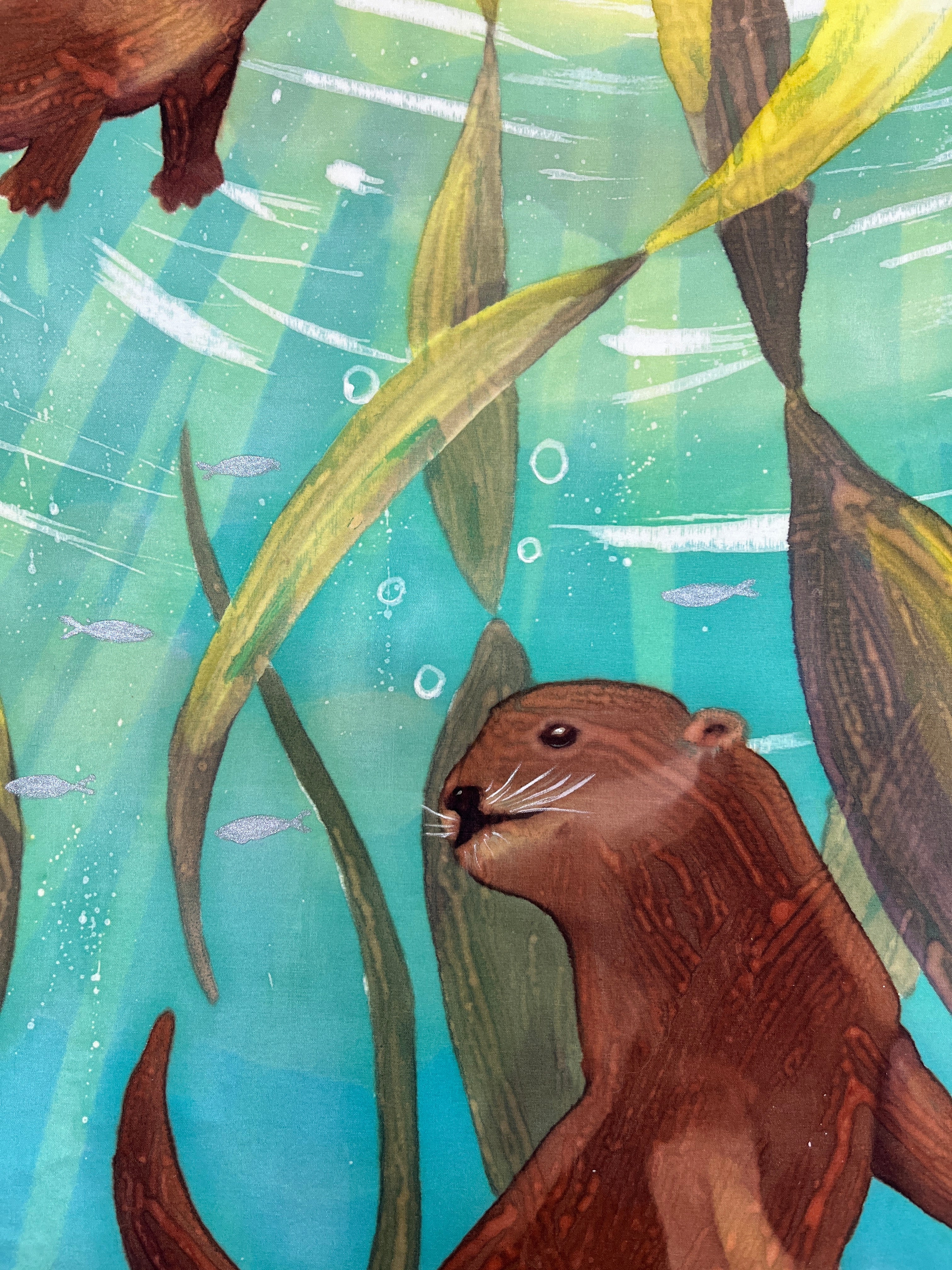 Hand-Dyed Silk Wall Hanging  - Otters Playing in Kelp