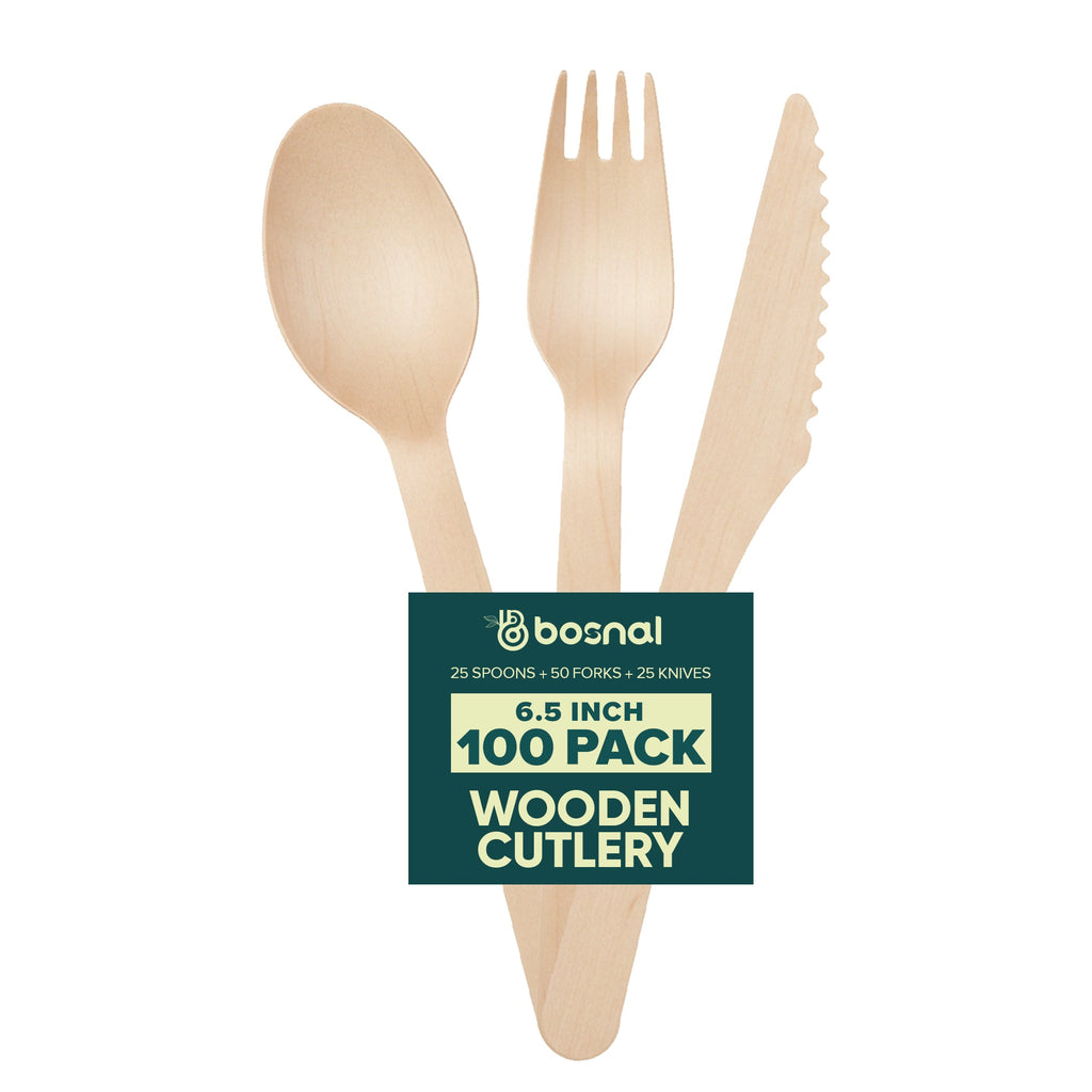 Bosnal Disposable Wooden Cutlery Set (100 Pcs - Birch Wood Spoons, Forks & Knives)