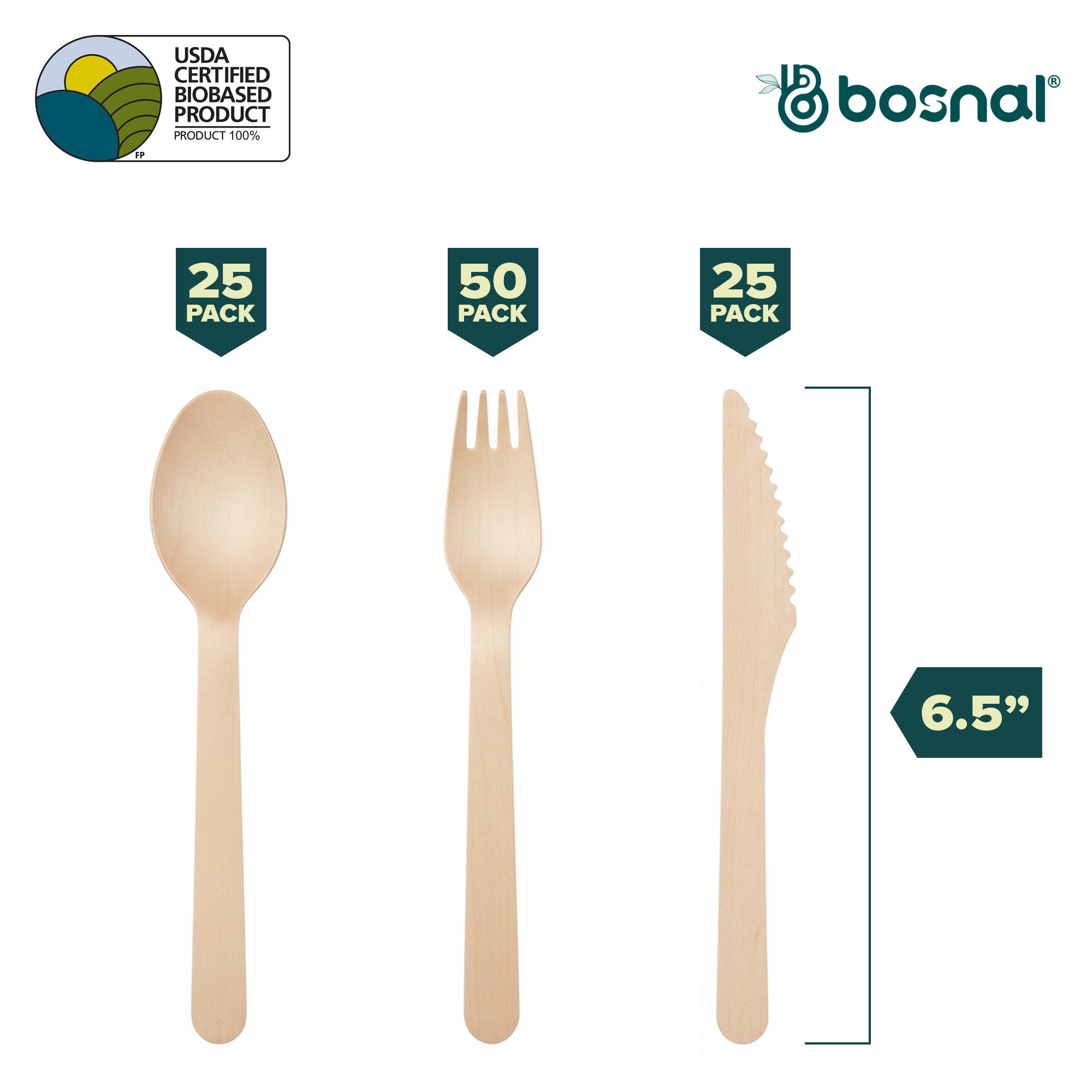 Bosnal Disposable Wooden Cutlery Set (100 Pcs - Birch Wood Spoons, Forks & Knives)