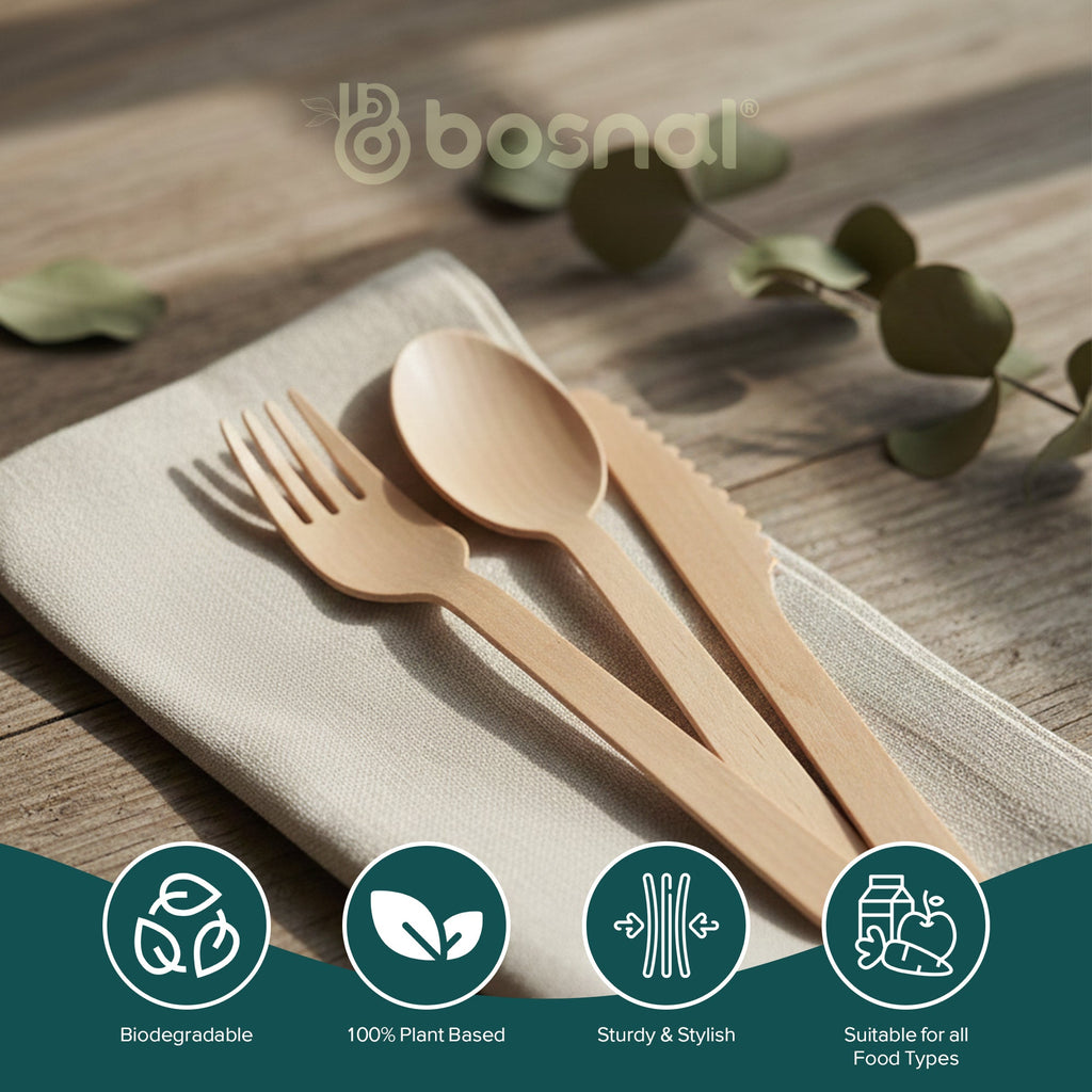 Bosnal Disposable Wooden Cutlery Set (100 Pcs - Birch Wood Spoons, Forks & Knives)