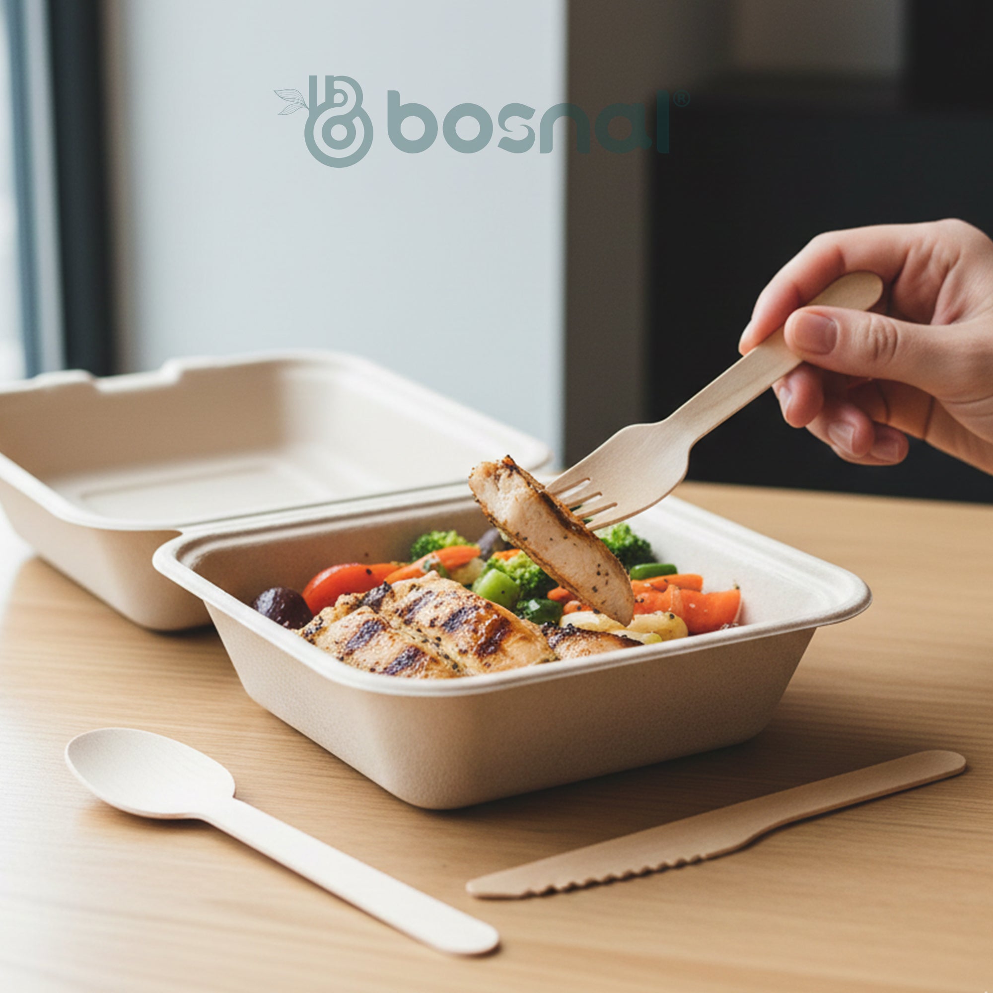 Bosnal Disposable Wooden Cutlery Set (100 Pcs - Birch Wood Spoons, Forks & Knives)