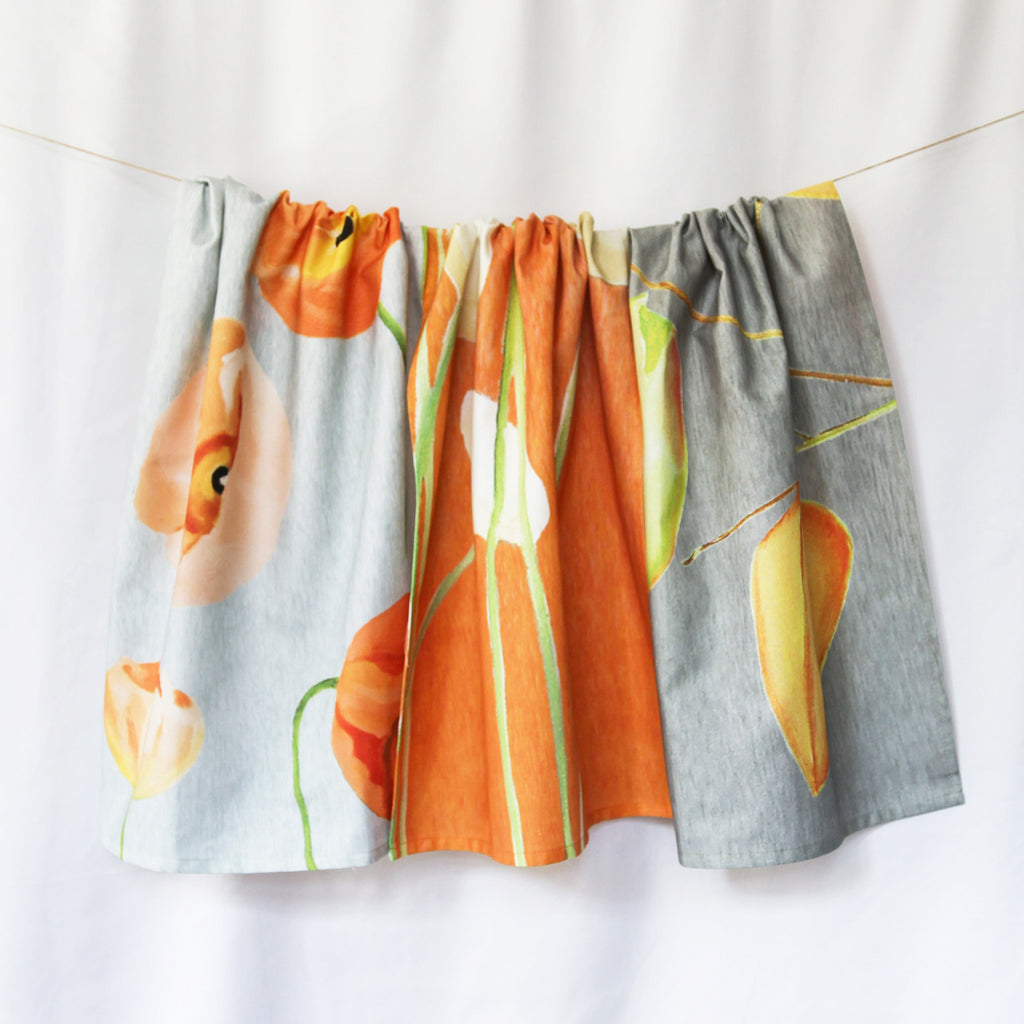 Peach Poppies on Grey Tea Towel