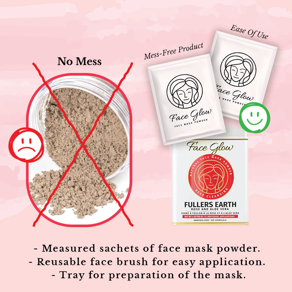 Face Glow Fuller’s Earth Rose & Aloe Vera with Reusable Brush & Tray (12 Individual Sachets of Multani Mitti - 10gm each)