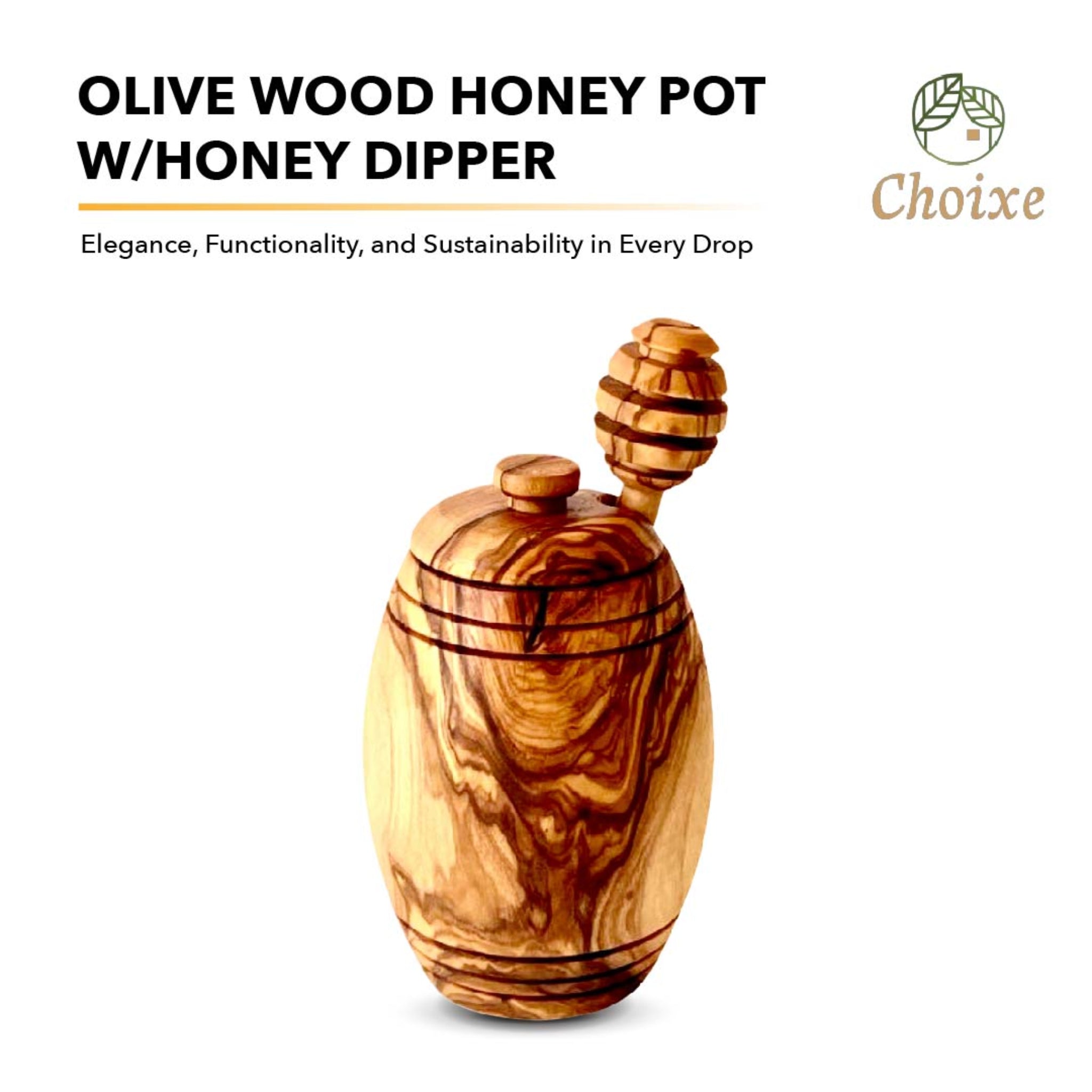 Olive Wood Honey Pot with Honey Dipper