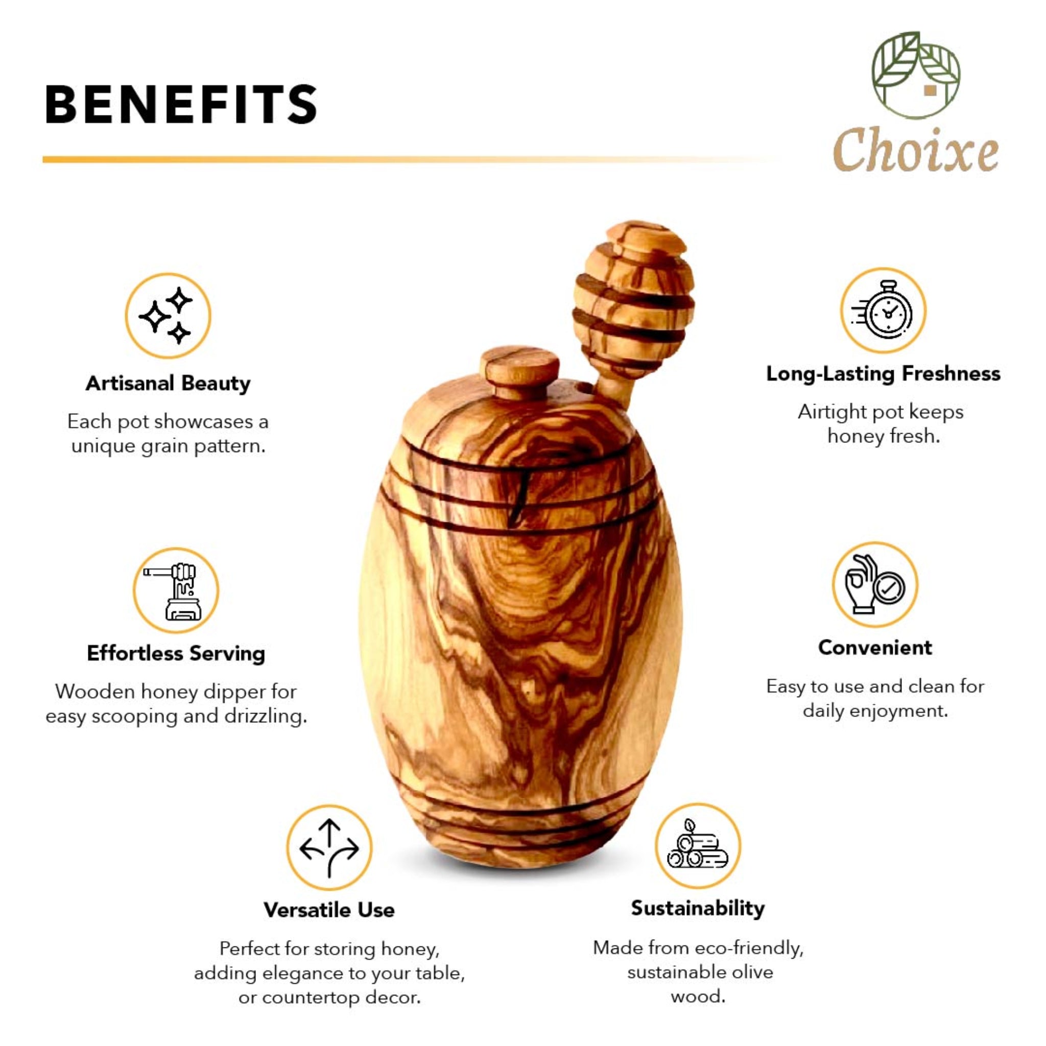 Olive Wood Honey Pot with Honey Dipper