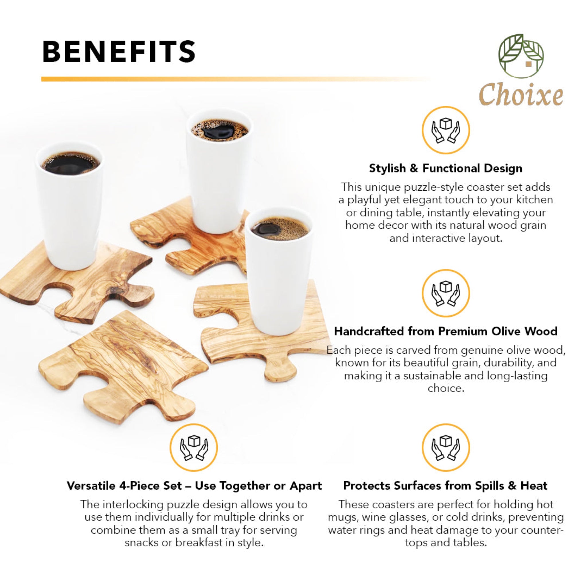 Olive Wood Coaster Puzzle (4-Piece)
