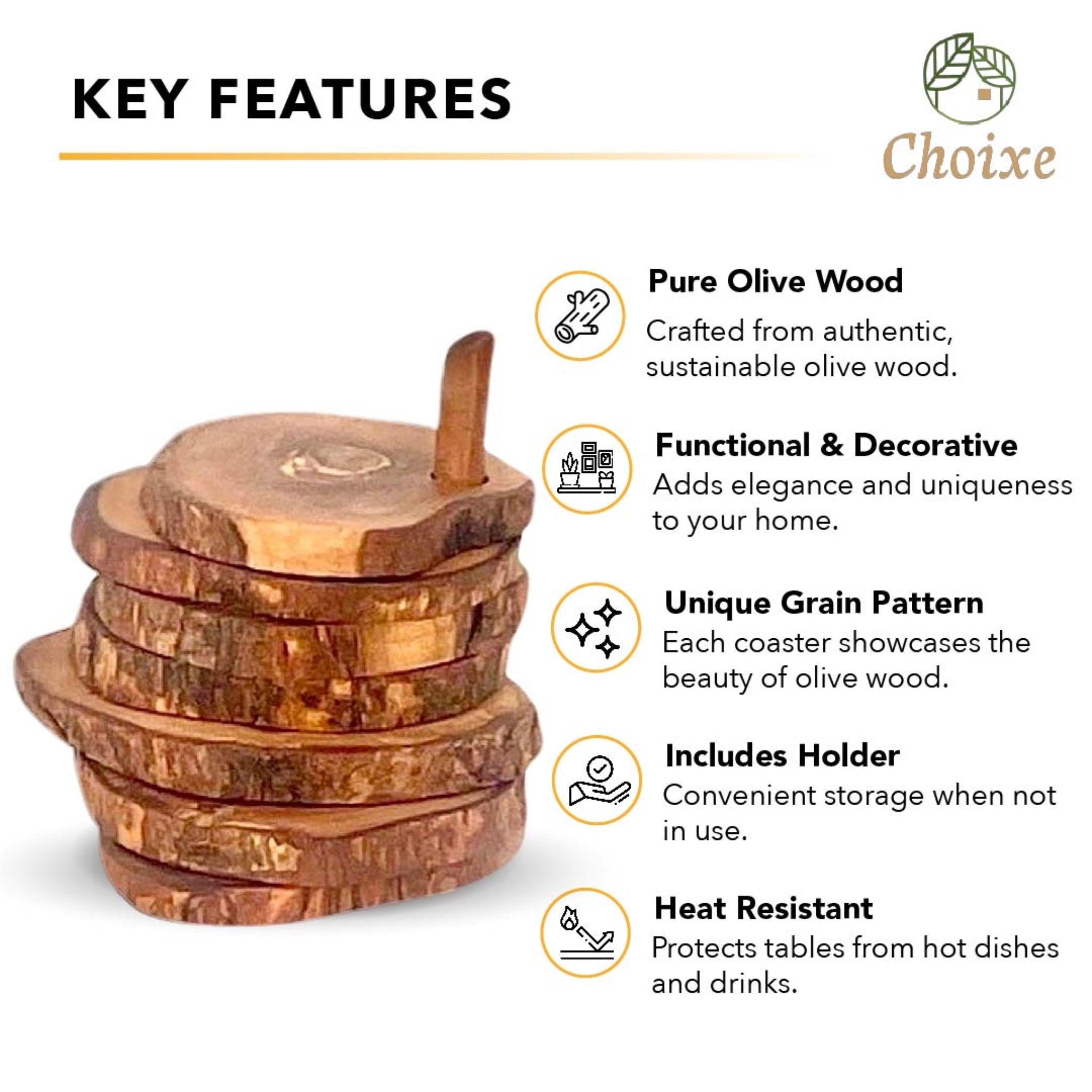 Olive Wood Coaster Set with Holder (7 Pcs)
