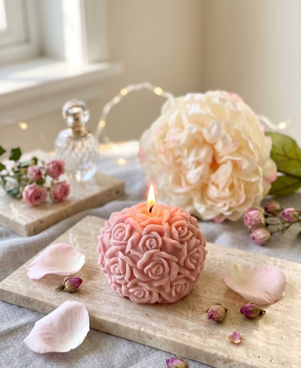 Rose Blossom Sculpture Candle (Ivory & Rose Pink)