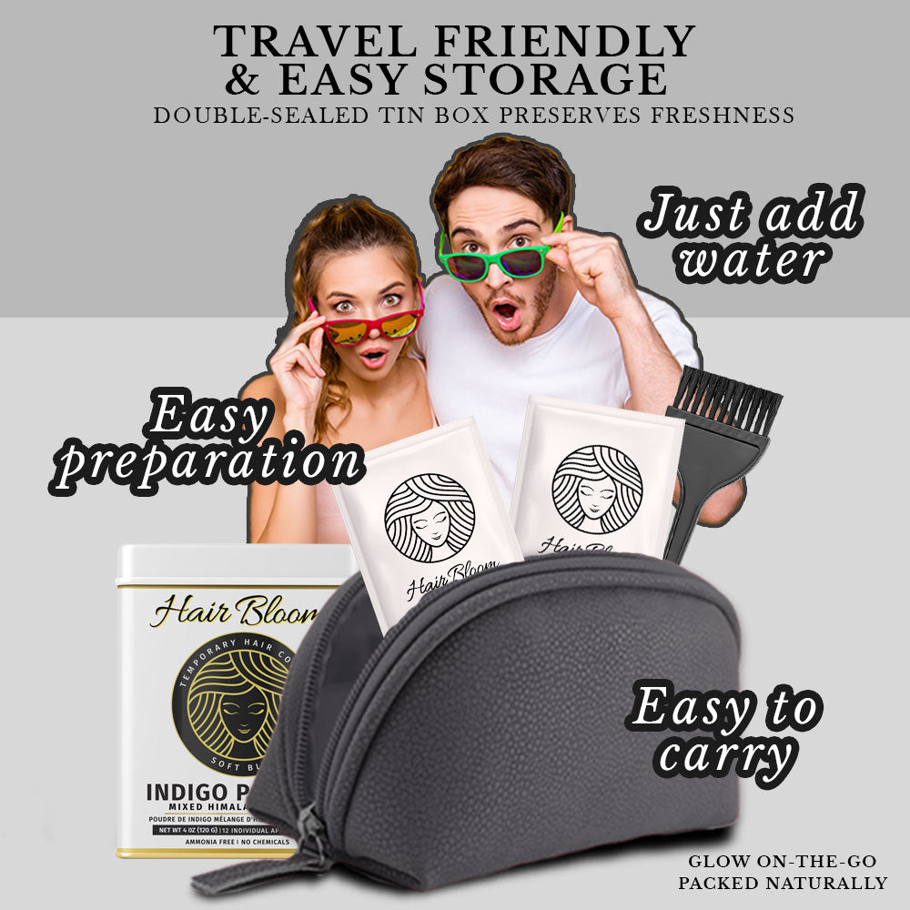 Hair Bloom Natural Jet Black Indigo Powder & Himalayan Herb Mix with Reusable Brush & Tray (12 Individual Sachets - 10gm each)