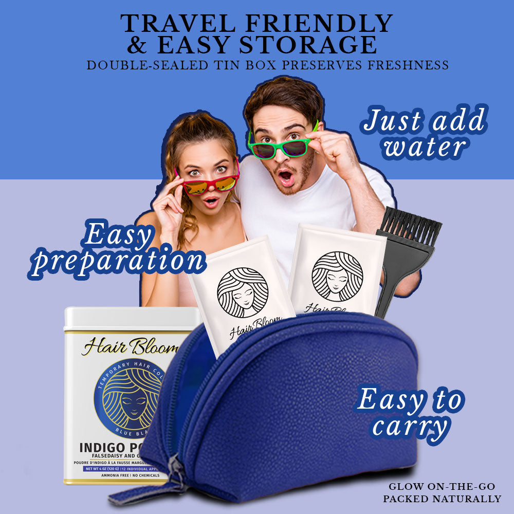 Hair Bloom Natural Blue-Black/Indigo | Daisy & Gooseberry Hair Color Powder with Reusable Brush & Tray (12 individual sachets 10gm each)