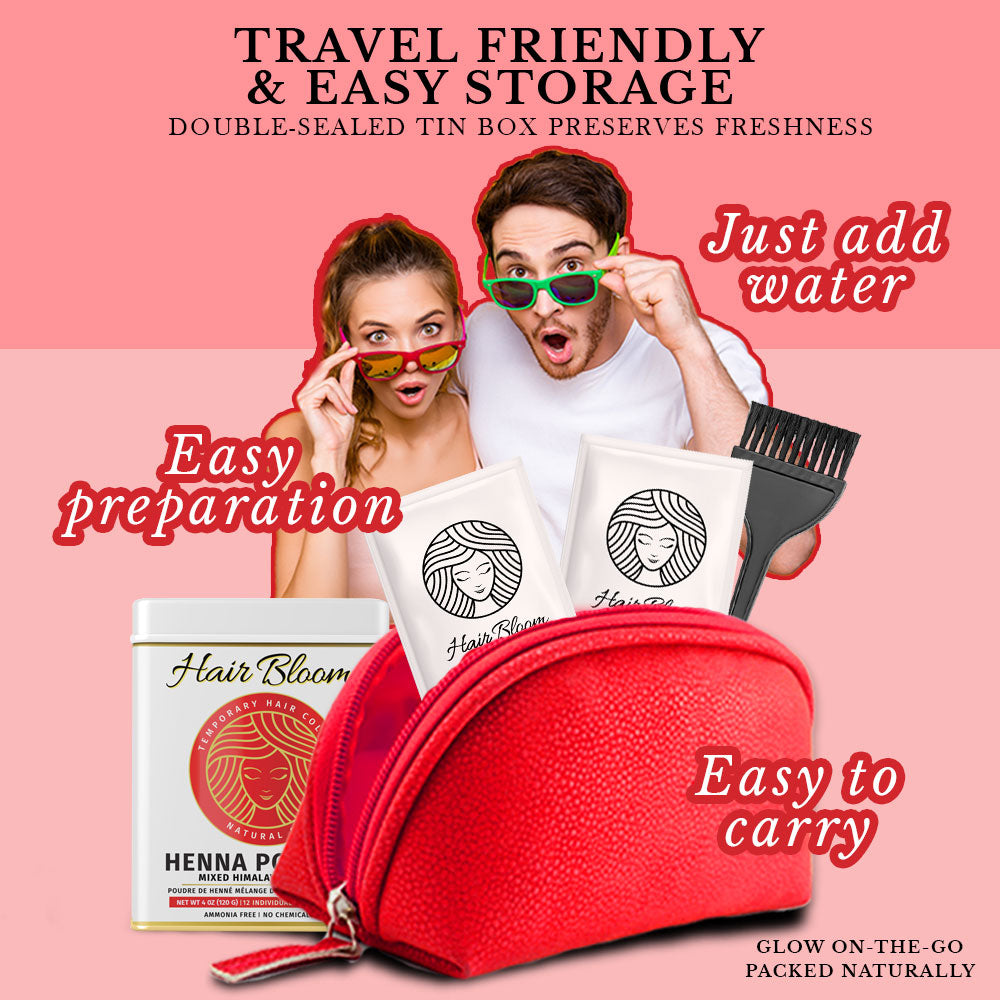 Hair Bloom Natural Red Hair Color Henna & Mix Himalayan Herb Powder with Reusable Brush & Tray (12 Individual Sachets - 10gm each)