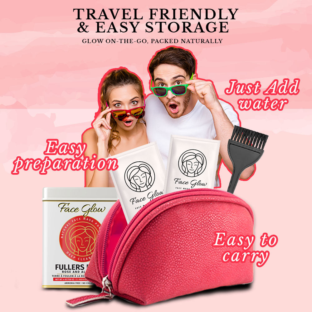 Face Glow Fuller’s Earth Rose & Aloe Vera with Reusable Brush & Tray (12 Individual Sachets of Multani Mitti - 10gm each)
