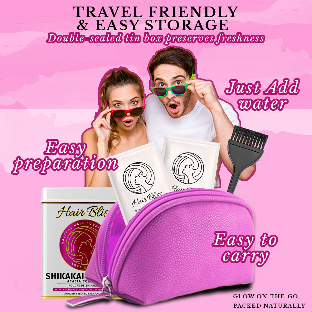 Hair Bliss Natural Shikakai Acacia Herbal Hair & Skin Conditioning Powder with Reusable Brush & Tray (12 Individual Sachets - 10gm each)