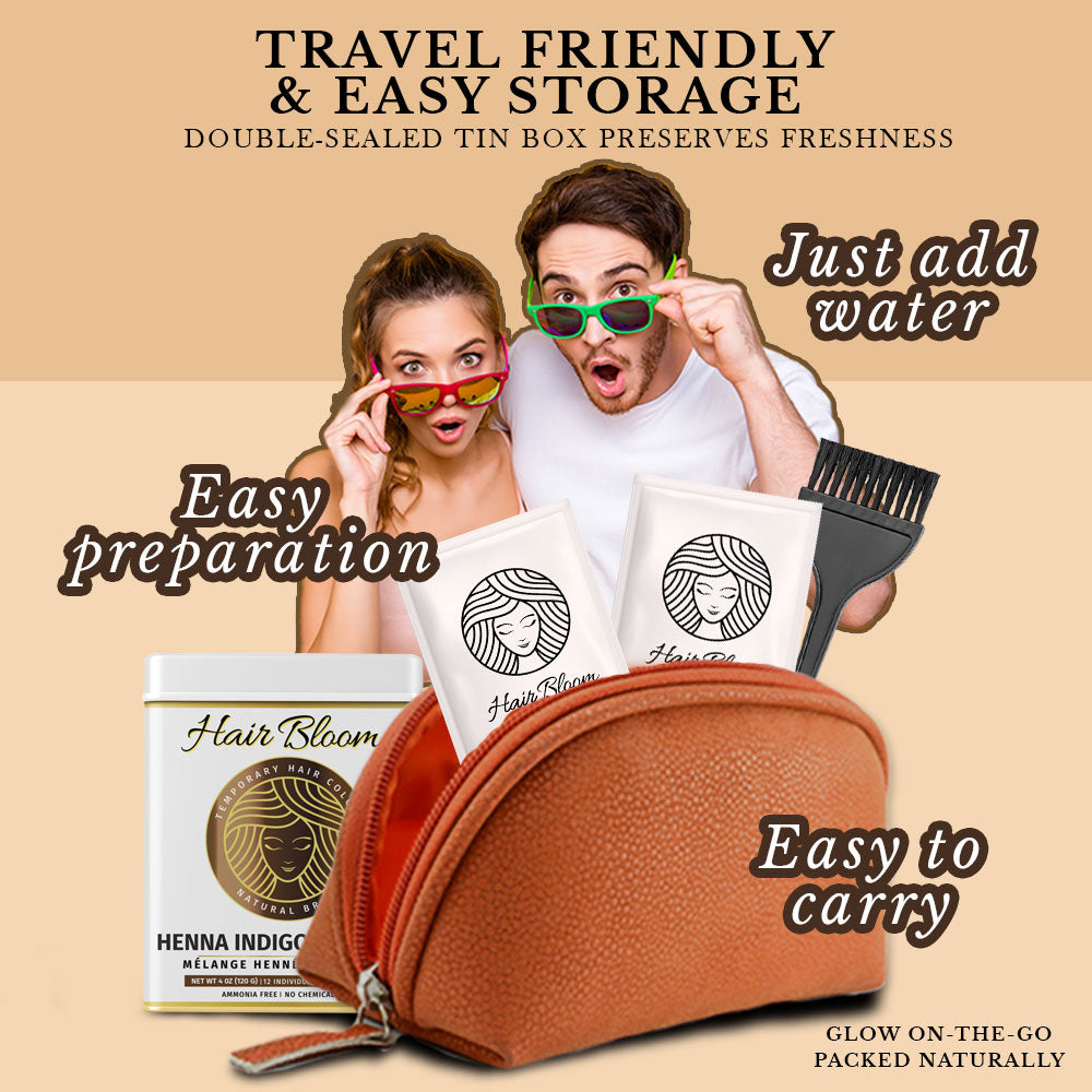 Hair Bloom Natural Brunette | Henna & Indigo Mix Hair Color Powder with Reusable Brush & Tray (12 individual sachets - 10gm each)