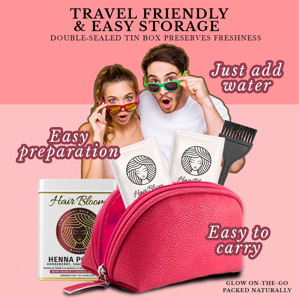 Hair Bloom Natural Herbal Henna Burgundy Hair Color Powder with Reusable Brush & Tray (12 Individual Sachets - 10gm each)