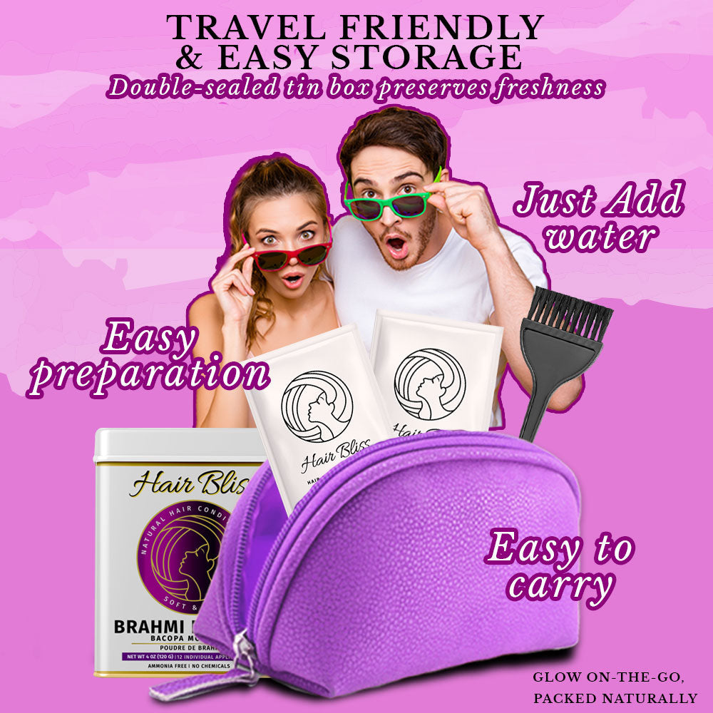 Hair Bliss Natural Brahmi Bacopa Herbal Hair & Skin Conditioning Powder with Reusable Brush & Tray (12 Individual Sachets 10gm each)