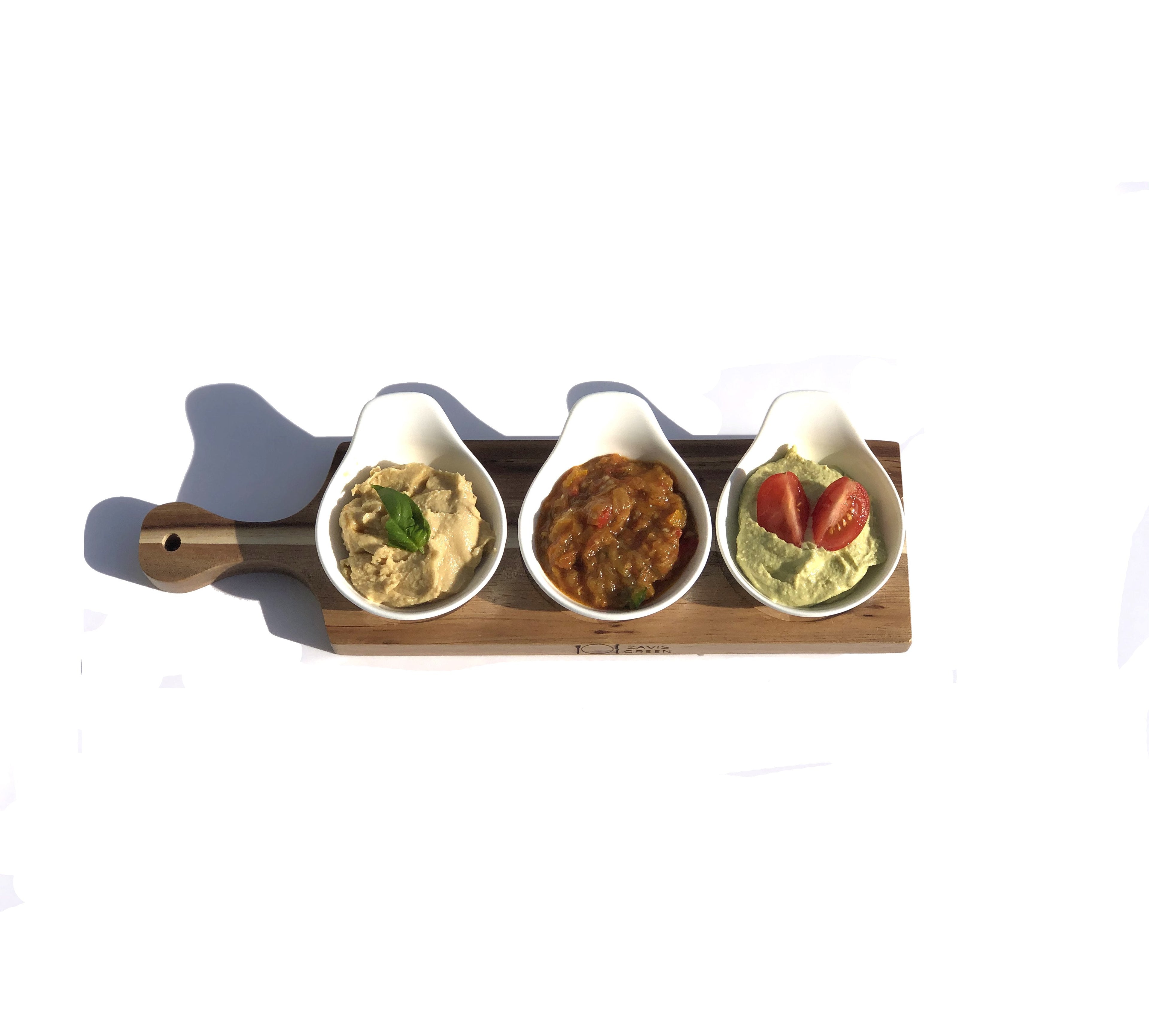 Acacia 3 Hole Flight Board with Fine Porcelain Round Appetizer Dish Set
