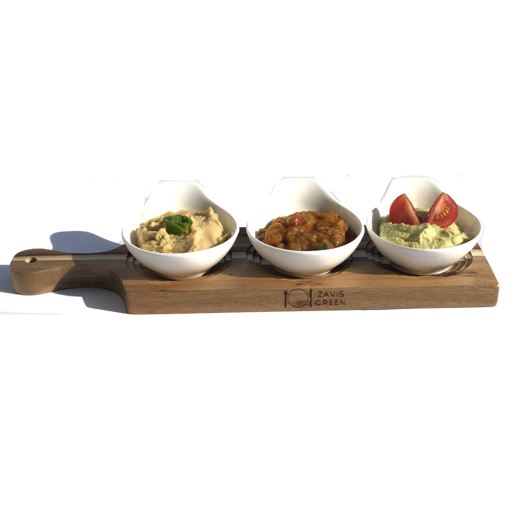 Acacia 3 Hole Flight Board with Fine Porcelain Round Appetizer Dish Set