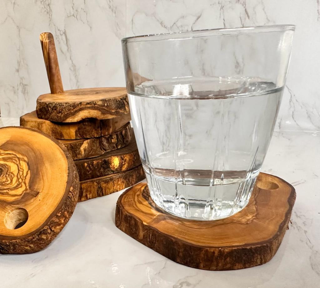 Olive Wood Coaster Set with Holder (7 Pcs)