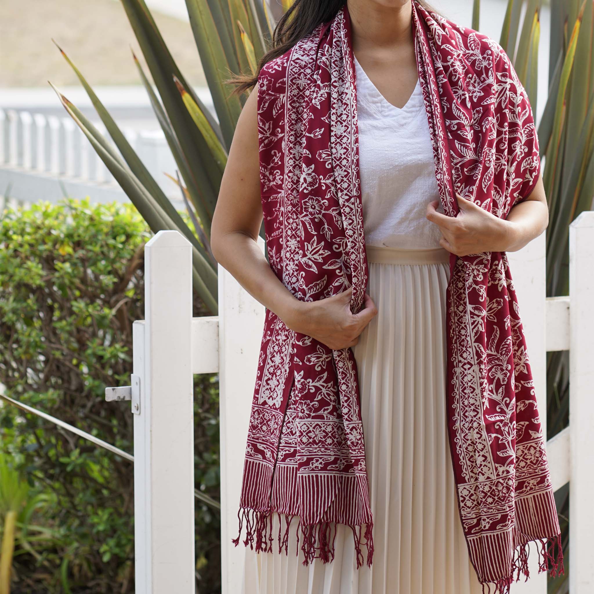Handmade Batik Scarf - Red, White & Burgundy