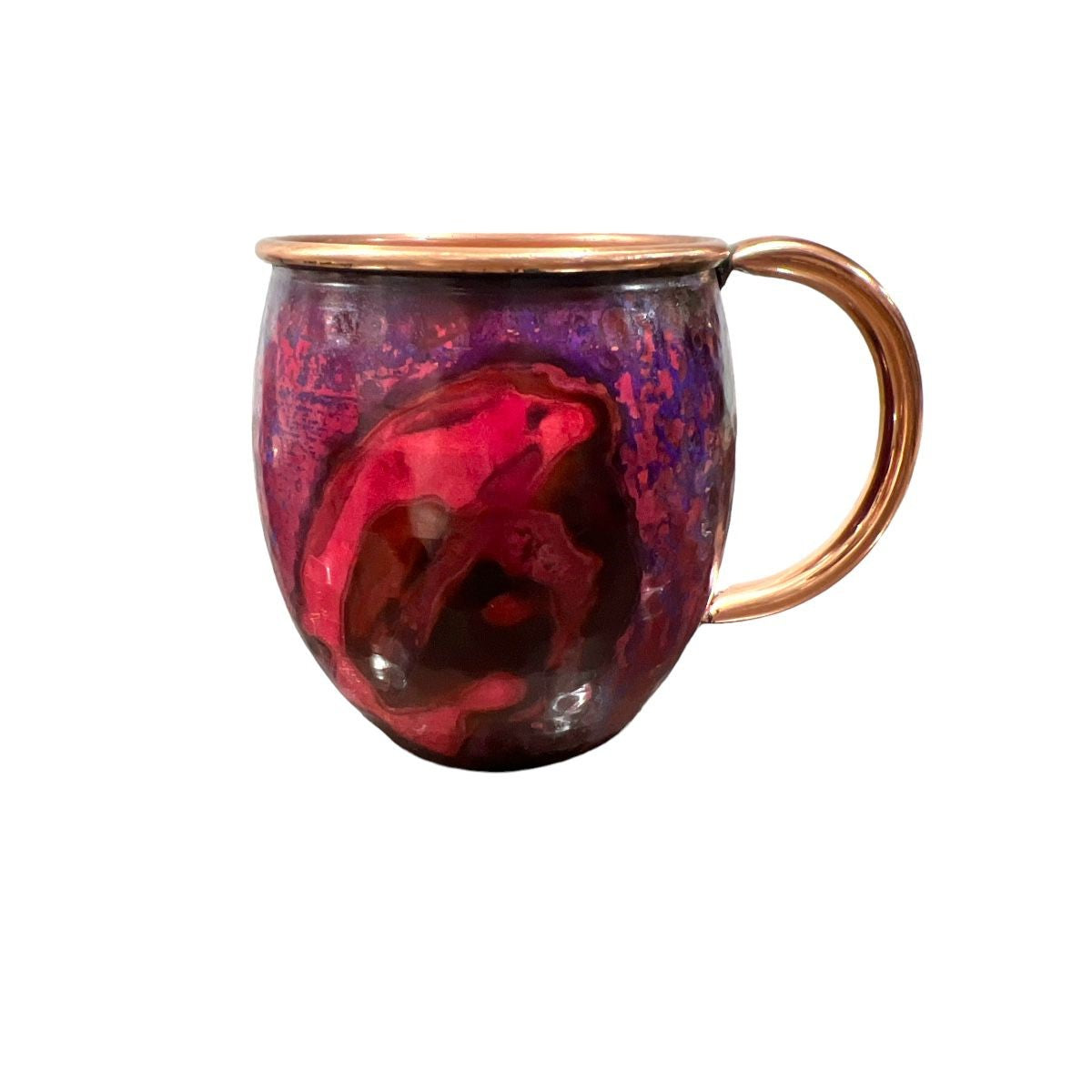 Set of Two Copper Barrel Mugs with Chiselled Skull (Day of the Dead) - Hammered and Purple Marbled Finish