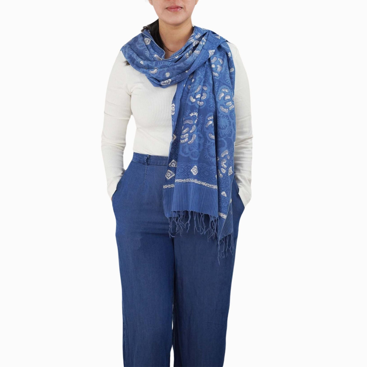 Hand Dyed Batik Scarf - Blue Roses, White & Floral Flower